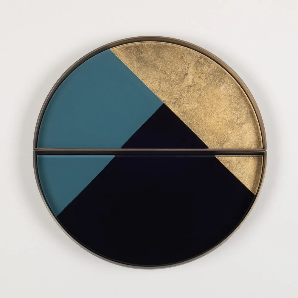 Set of bronze & glass accessory trays in half-moon geometric vignettes properly sized for espresso and matcha arrangements