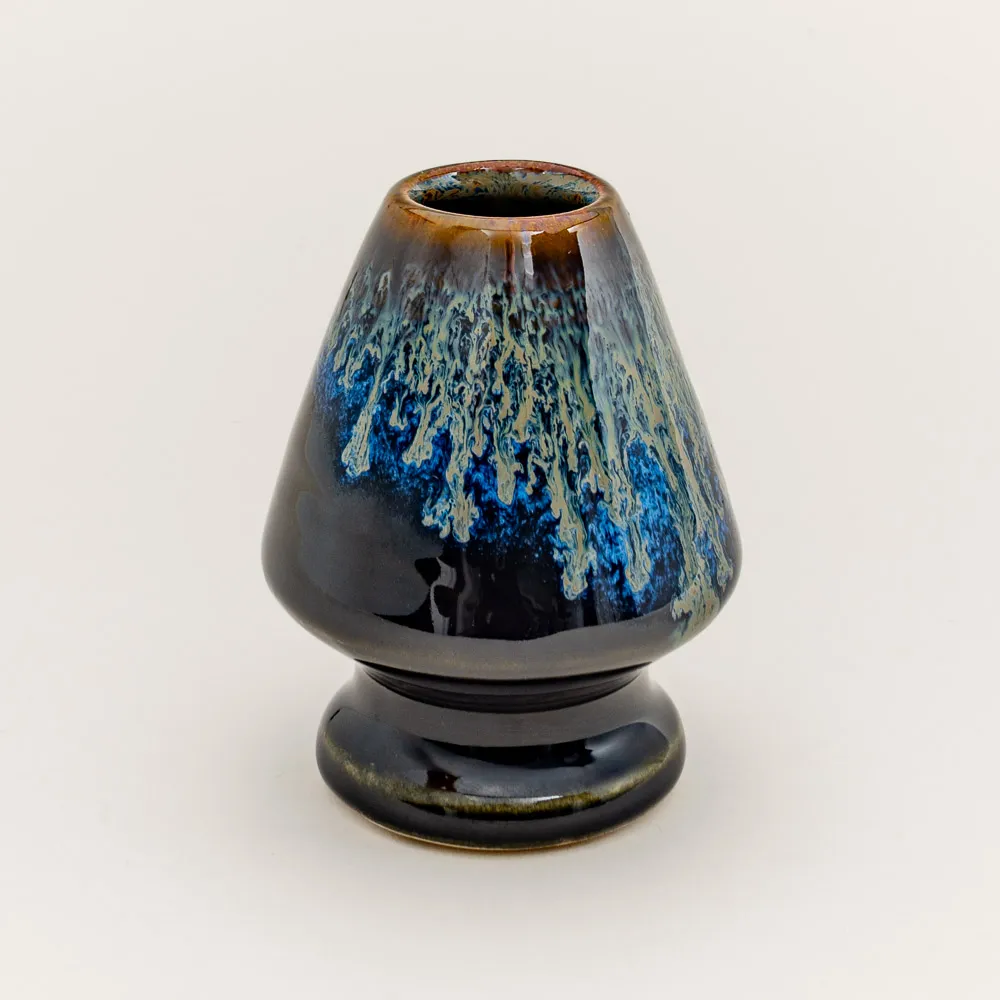 Hand-glazed stoneware kusenaoshi for nesting a bamboo matcha whisk