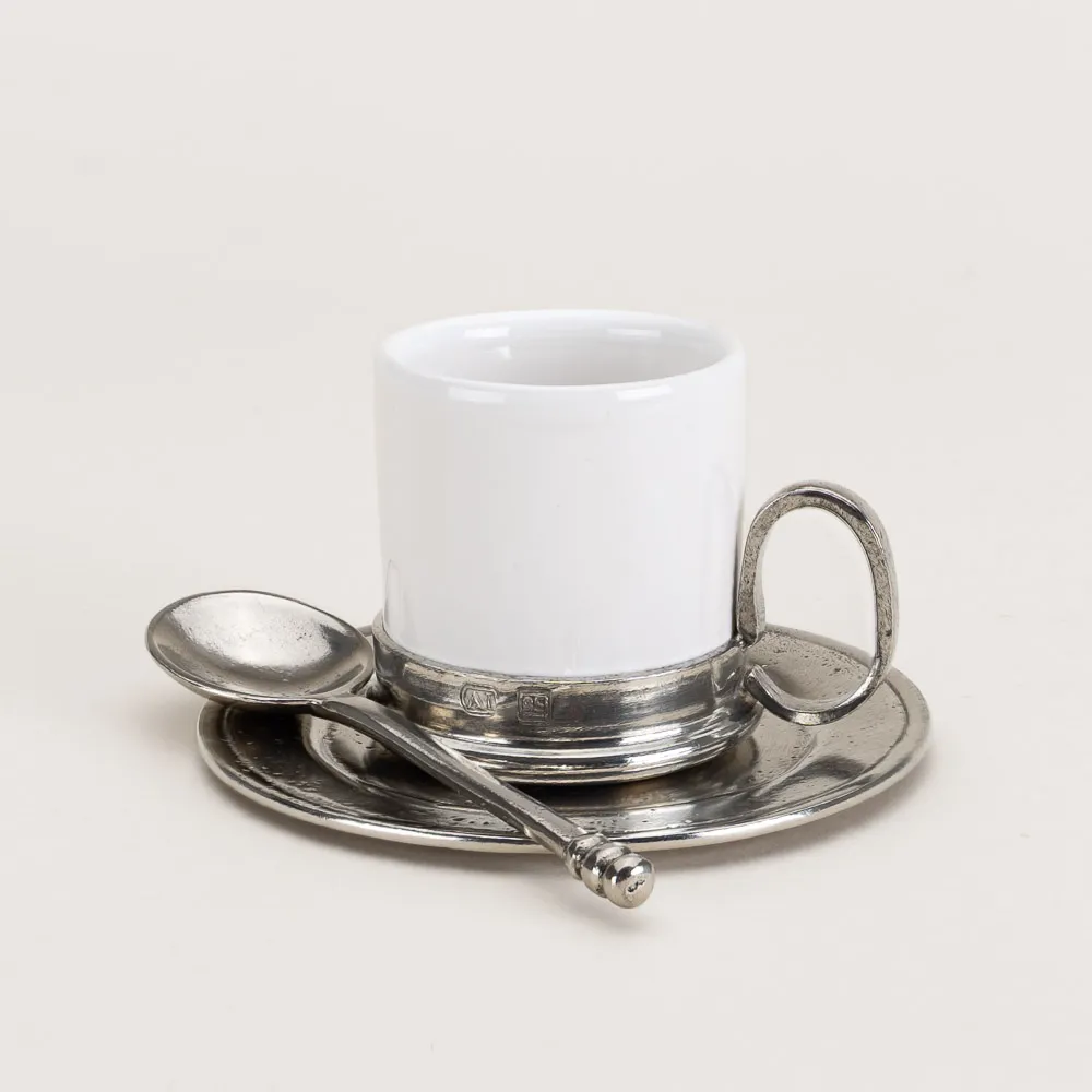 Ceramic and pewter espresso set handmade in Brescia, Italy gateway to the southern Alps