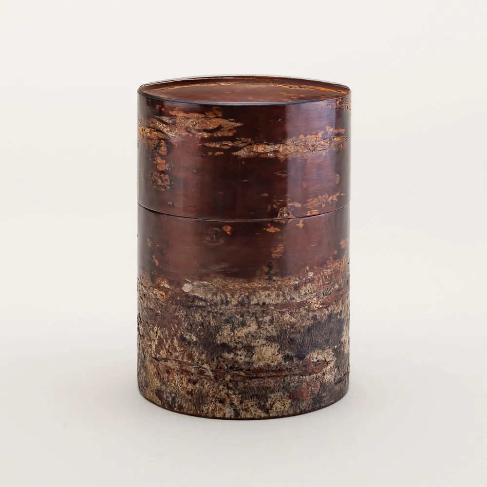 Handmade kabazaiku tea canister in the Samauri tradition wrapped with wild cherry bark and finished in the bokashi style