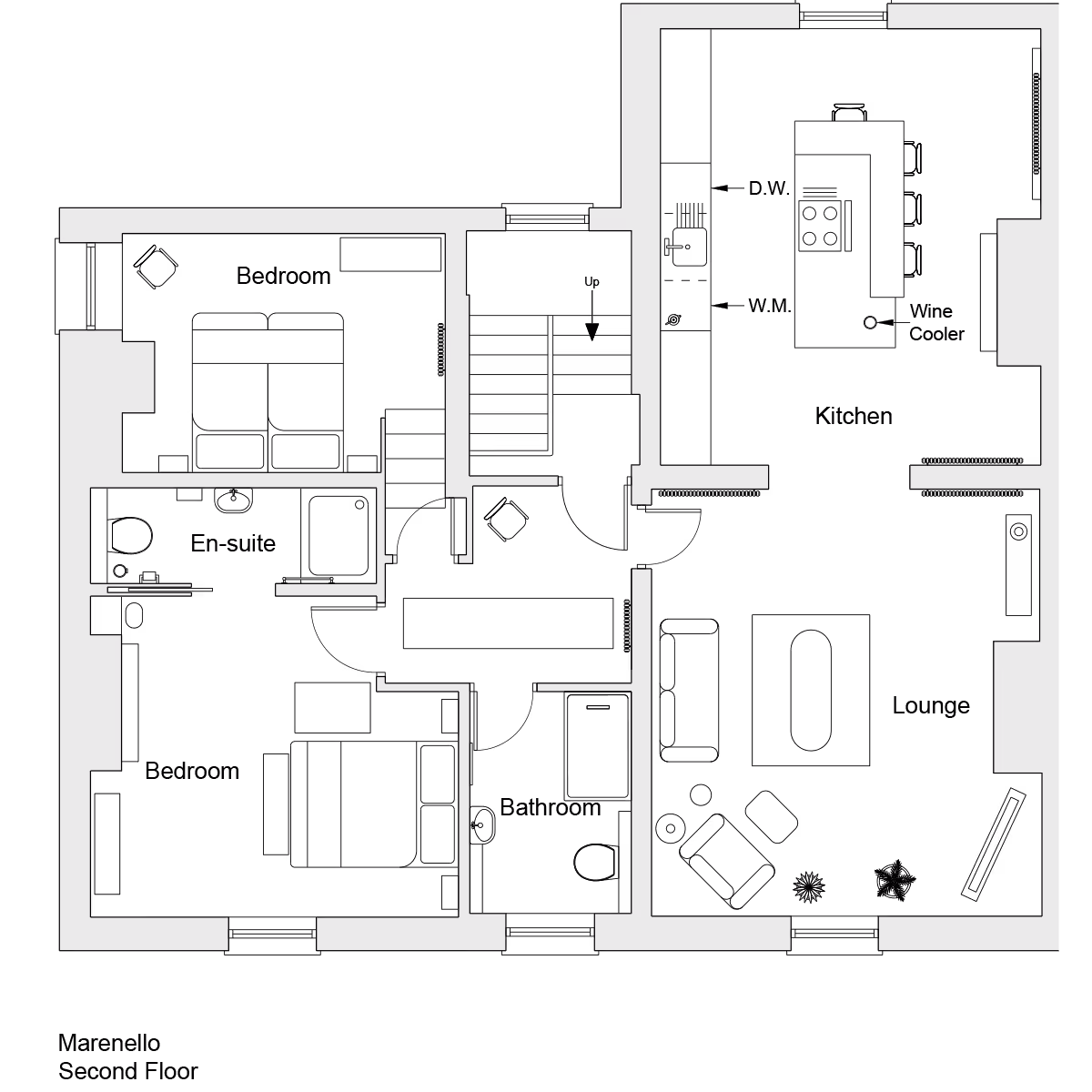 Black and white floor plan of an apartment with labeled rooms including living room, kitchen, bedrooms, and bathrooms.