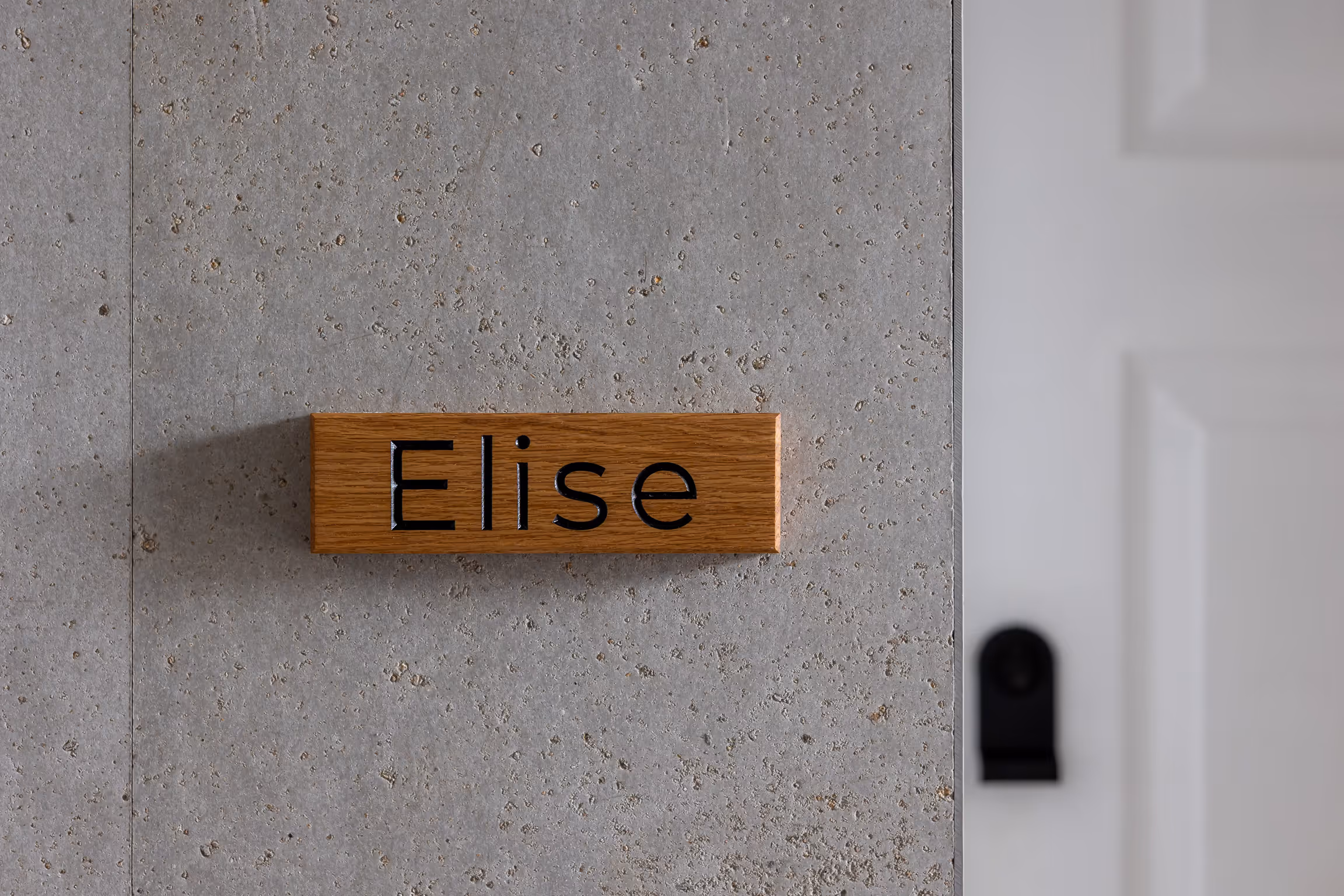 Wooden nameplate with the word 'Elise' mounted on a textured grey wall next to a white door with a black door handle.