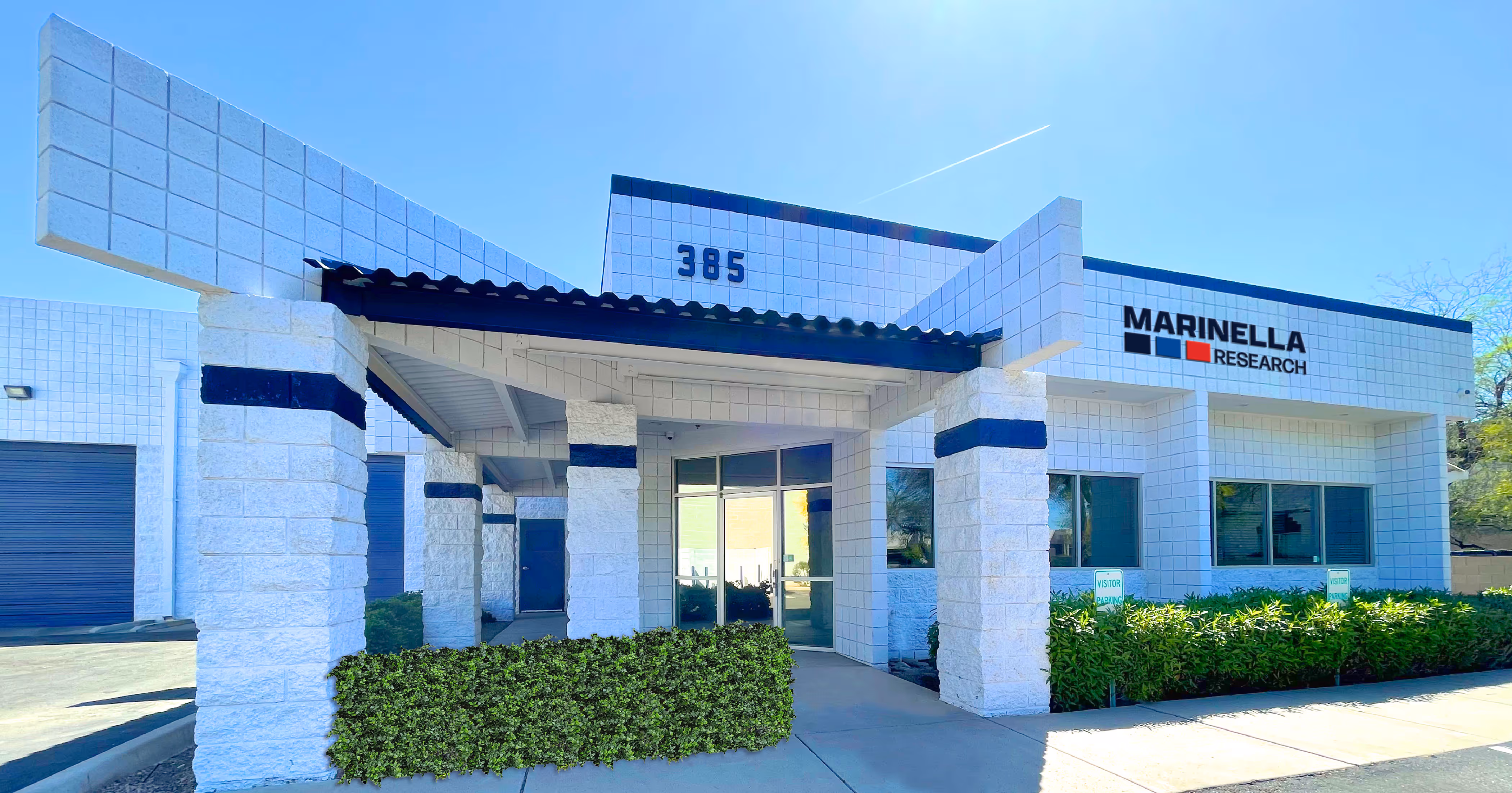 Bird’s-eye view of Marinella Research’s Chandler location, showing the full building and surrounding area from above.