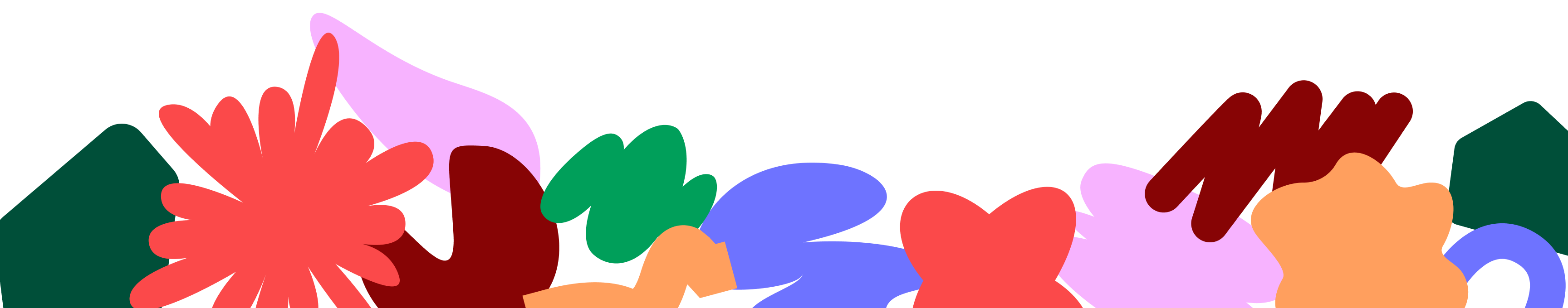 Colorful row of abstract shapes in various sizes and colours arranged along the bottom of the image.