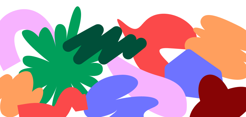 Colorful group of abstract shapes in various sizes and colours arranged along the bottom of the page.