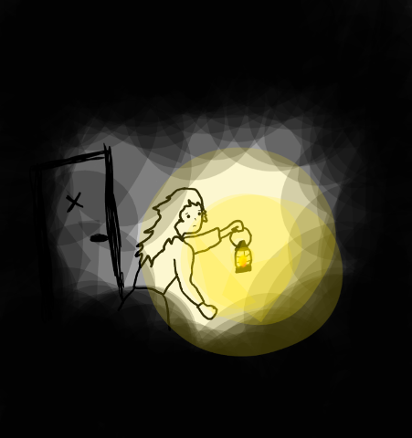 Artwork from story submission: Drawing of a person leaning out of a dark doorway, holding a small lantern that casts a wide yellow glow into the surrounding darkness.