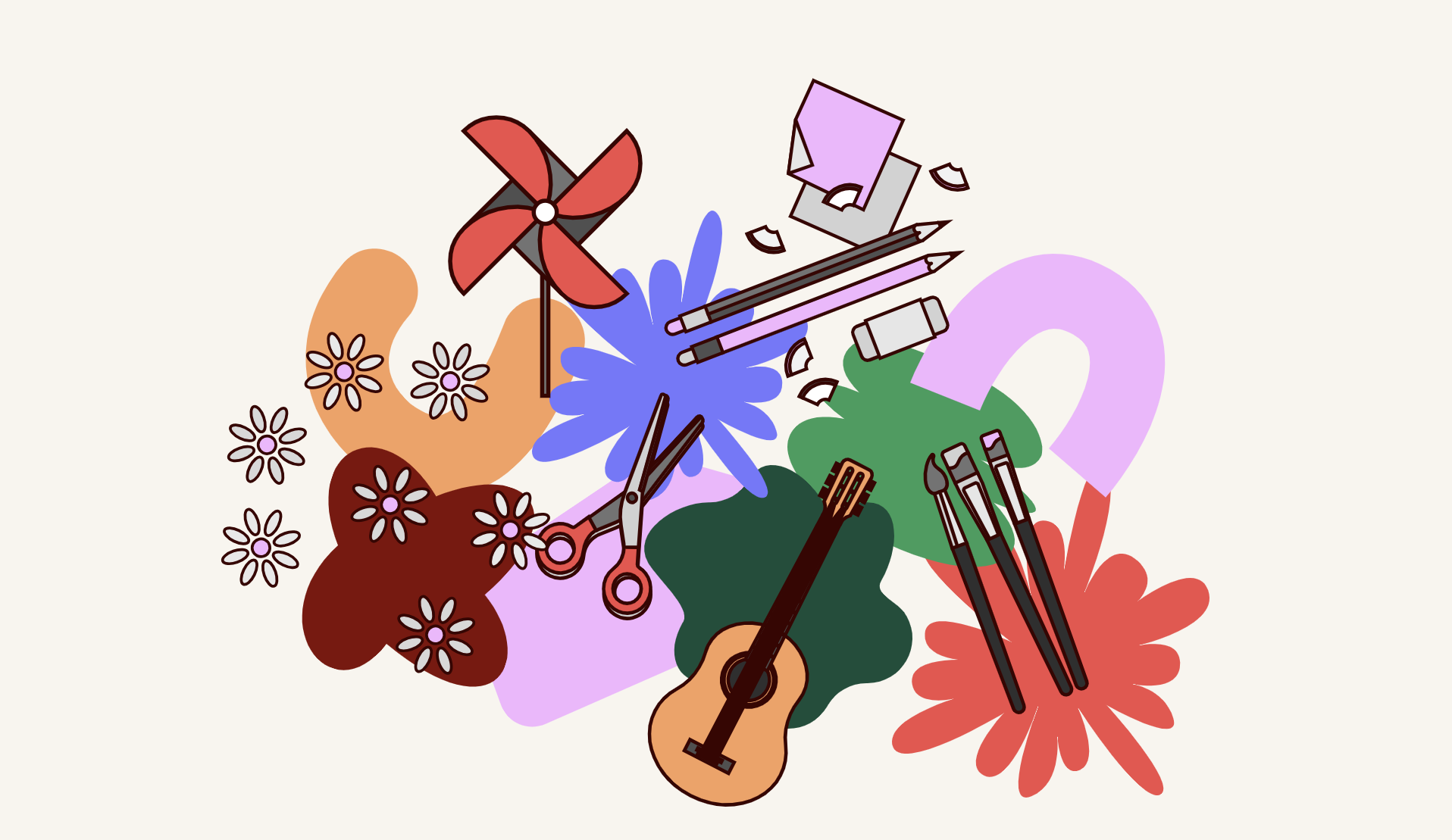 A collage of shapes and items, including a pinwheel, a guitar, paint brushes, scissors and drawing kit.