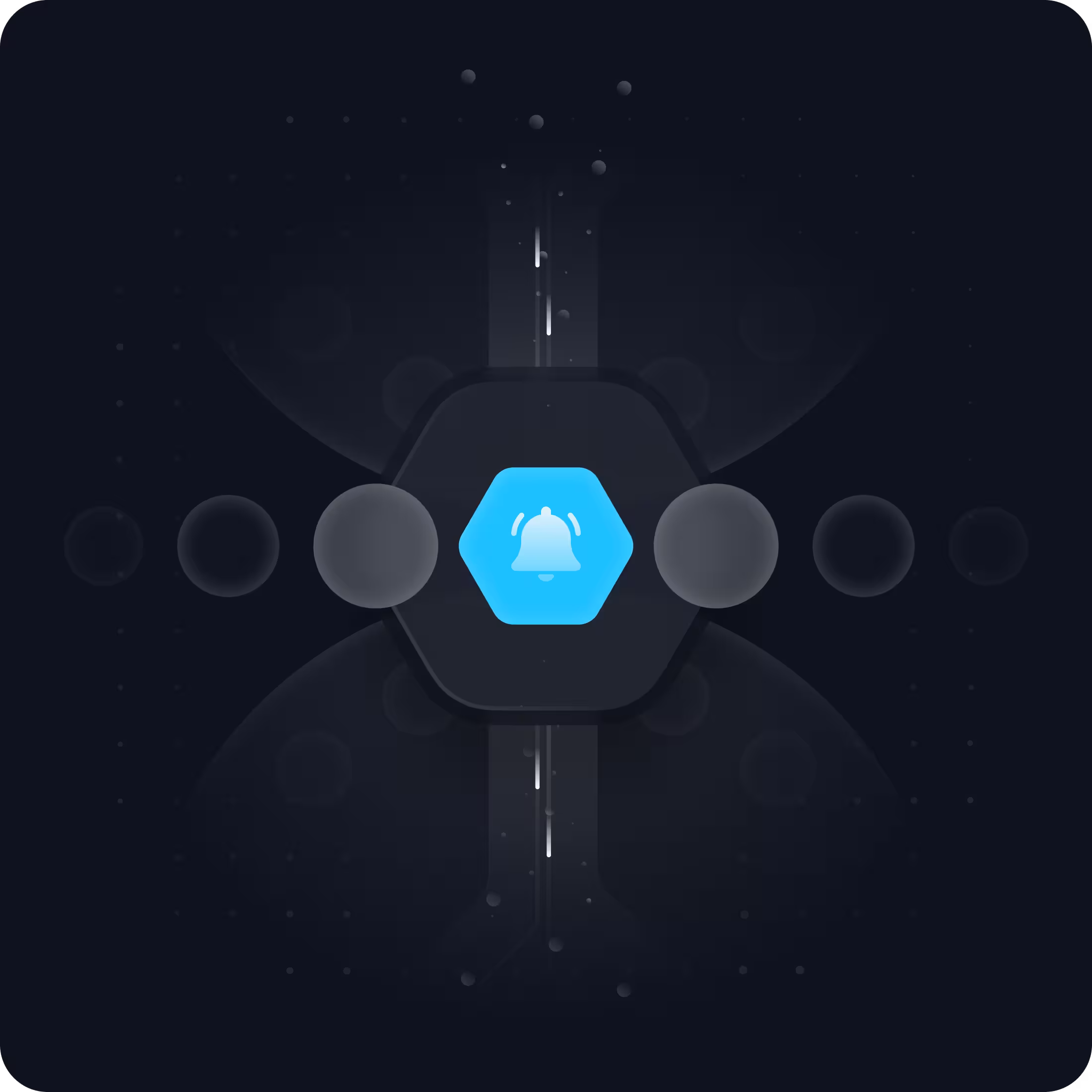 Blue hexagon button with a white ringing bell icon set against a dark background with circular gradients and light streaks.