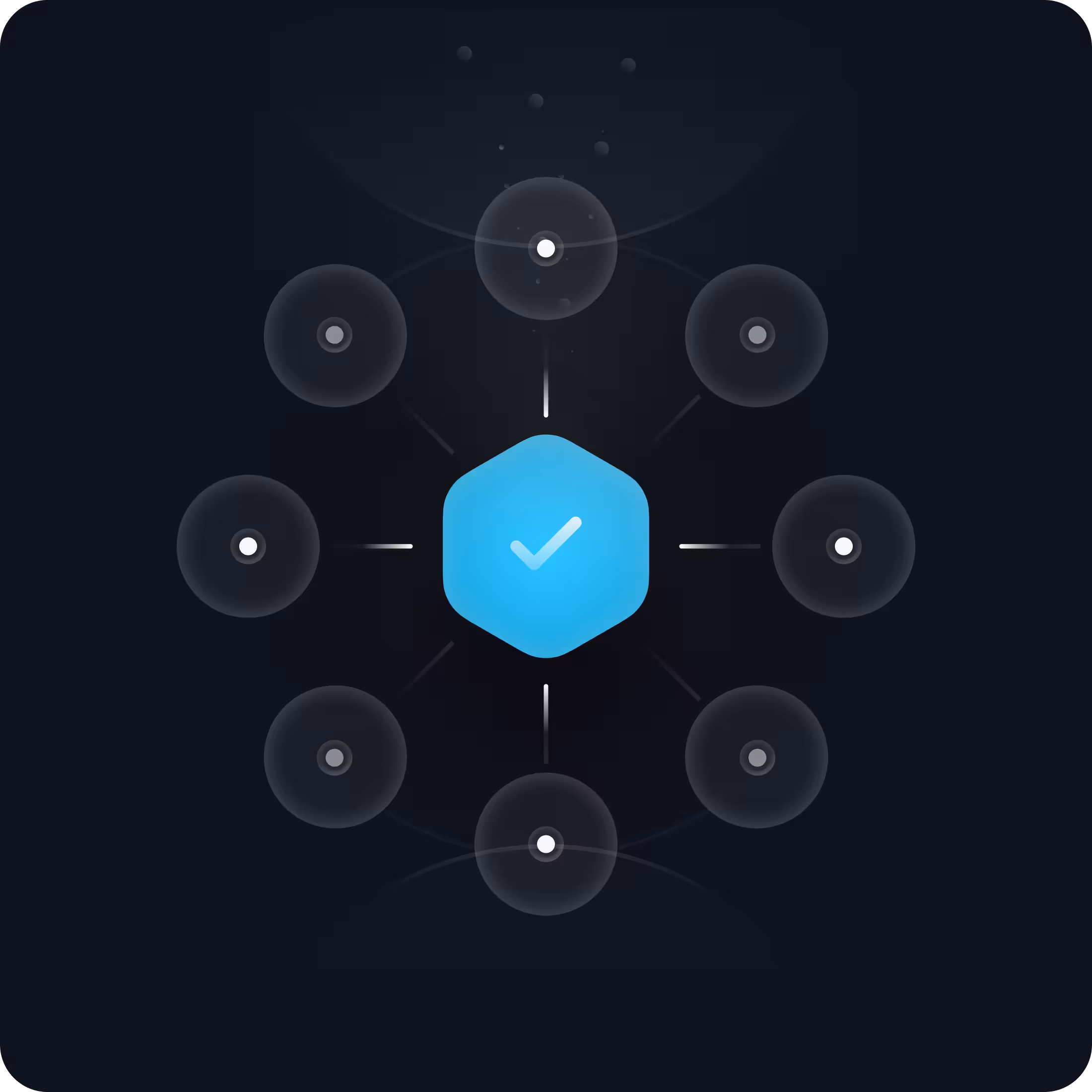 Blue hexagon with a white checkmark in the center connected by lines to seven smaller transparent circles with white dots inside on a dark background.