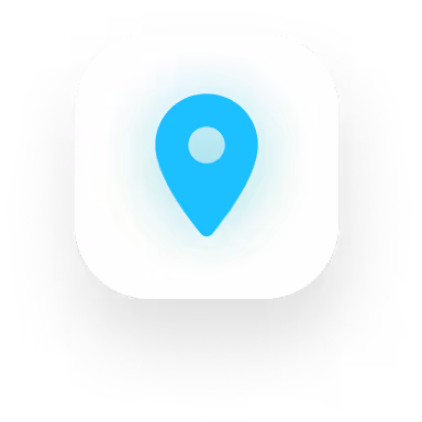 Blue location pin icon on a rounded white square background.
