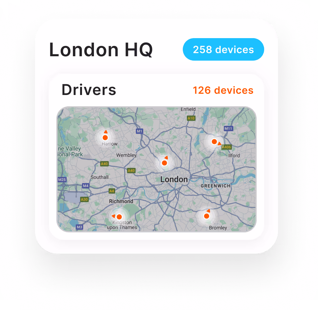 Dashboard showing London HQ with 258 devices, including 126 driver devices marked on a map of London and surrounding areas.
