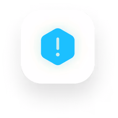 Blue hexagon with white exclamation mark inside on a rounded white square background.
