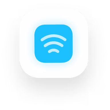 Blue square icon with rounded corners featuring three curved Wi-Fi signal bars on a white rounded square background.