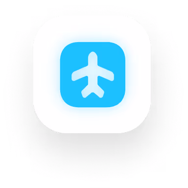 Blue rounded square icon with a white airplane symbol in the center.