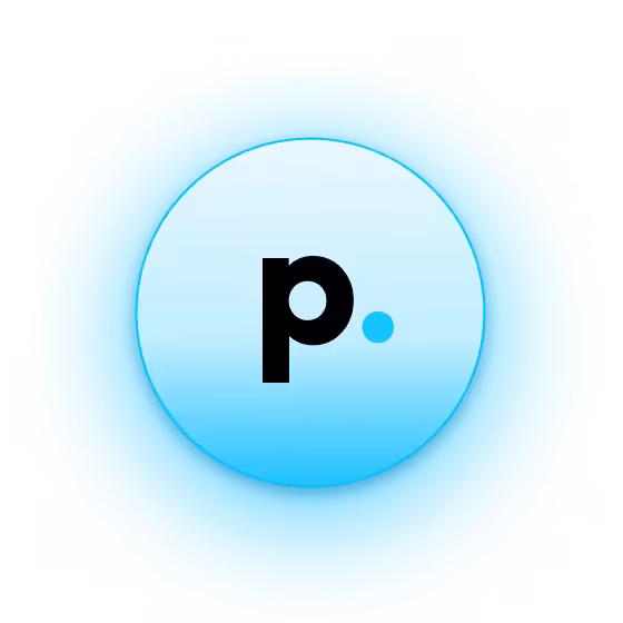 Black lowercase letter 'p' followed by a blue dot inside a light blue circle with a glowing blue outer ring.