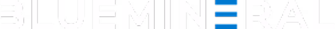 Logo text reading 'BLUEMINERAL' with the letters 'E' stylized as three horizontal blue bars.