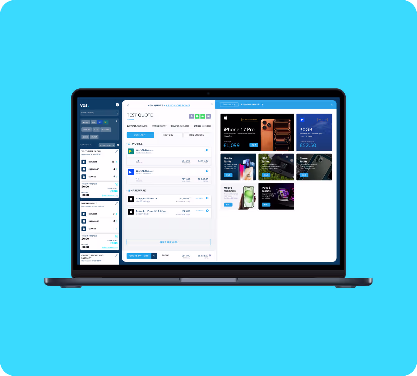 Laptop displaying a business quote interface with mobile and hardware product options including iPhone 17 Pro and 30GB data plan.