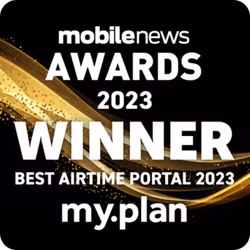 Mobile News Awards 2023 winner for Best Airtime Portal 2023 awarded to my.plan with a gold wave design on a black background.