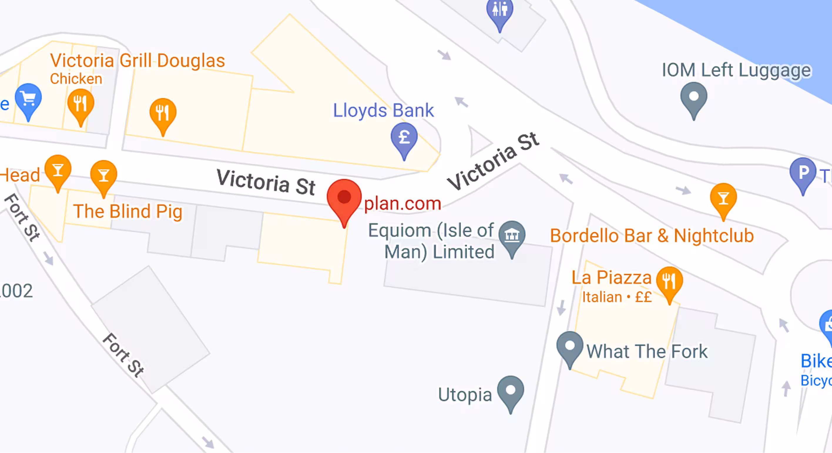 Map showing Victoria Street and Victoria Street intersection with nearby restaurants, bars, banks, and businesses in Douglas, Isle of Man.