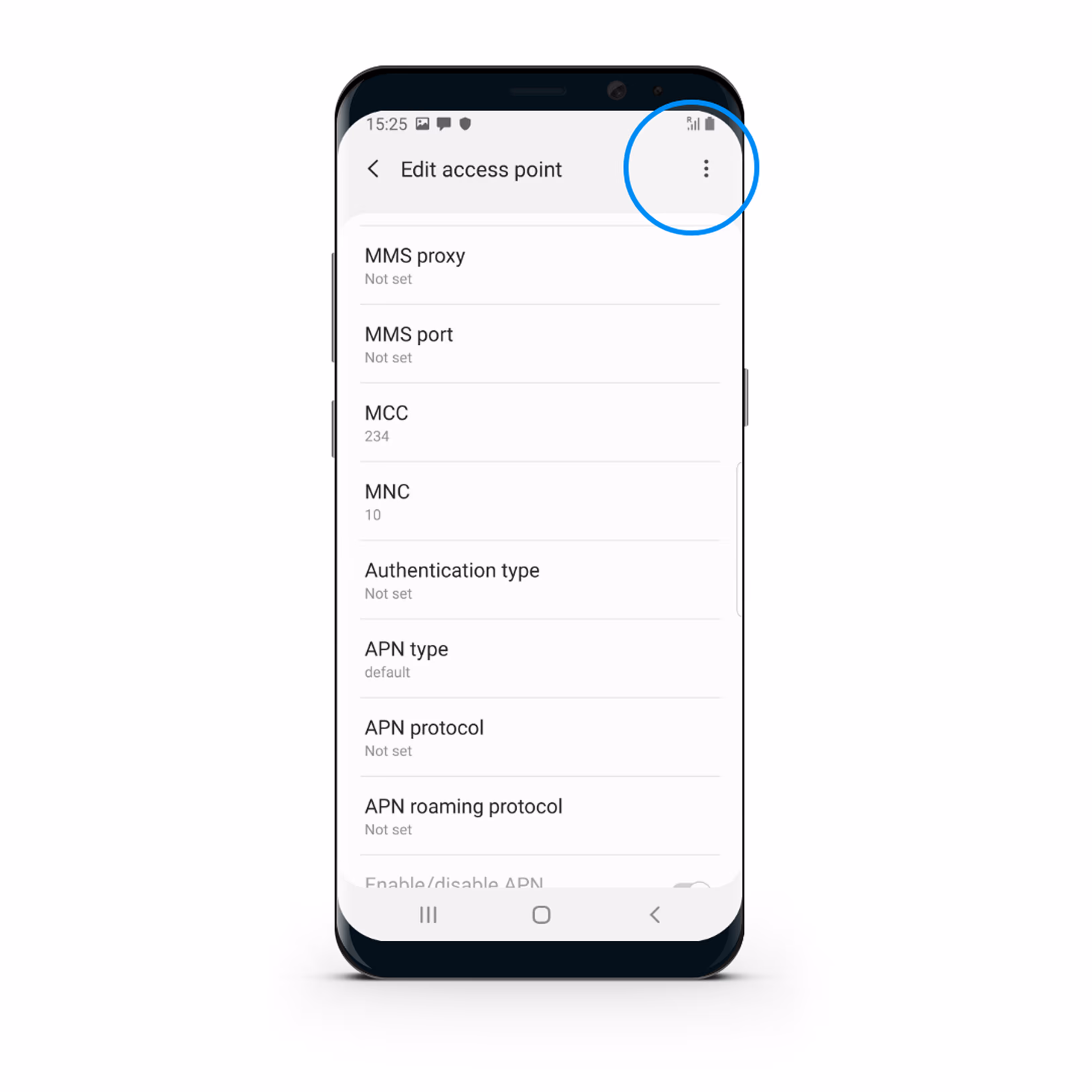 Smartphone screen displaying Edit Access Point settings with options like MMS proxy, MMS port, MCC 234, MNC 10, Authentication type, APN type, APN protocol, and APN roaming protocol.