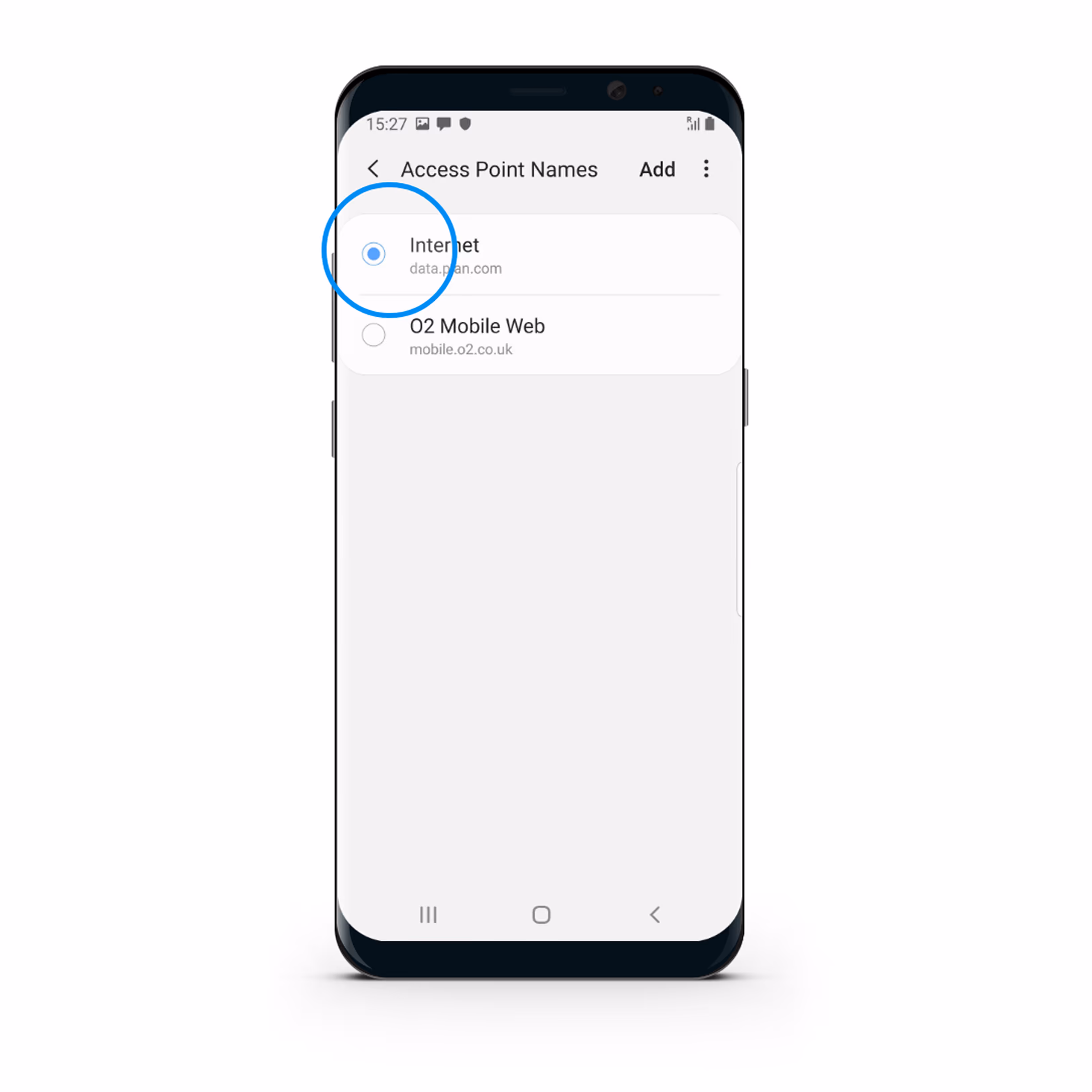 Android phone screen showing Access Point Names settings with 'Internet' selected and 'O2 Mobile Web' as an option.