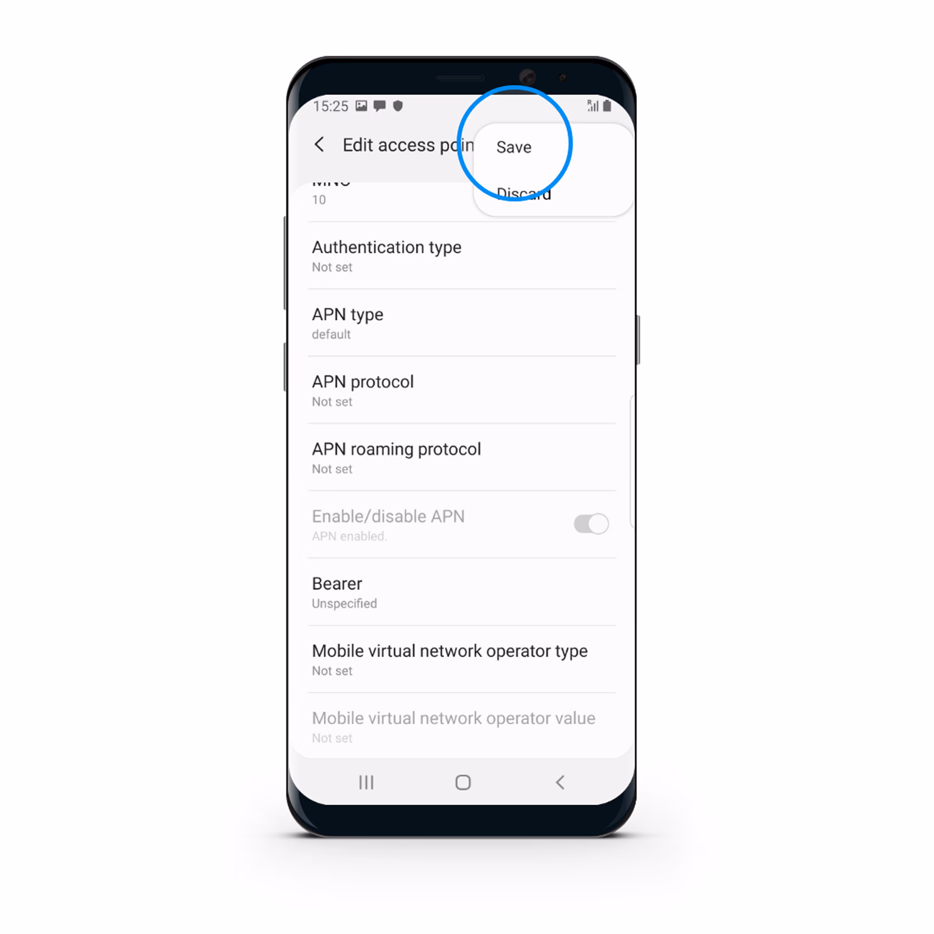 Smartphone screen showing APN settings with Save option in menu highlighted.
