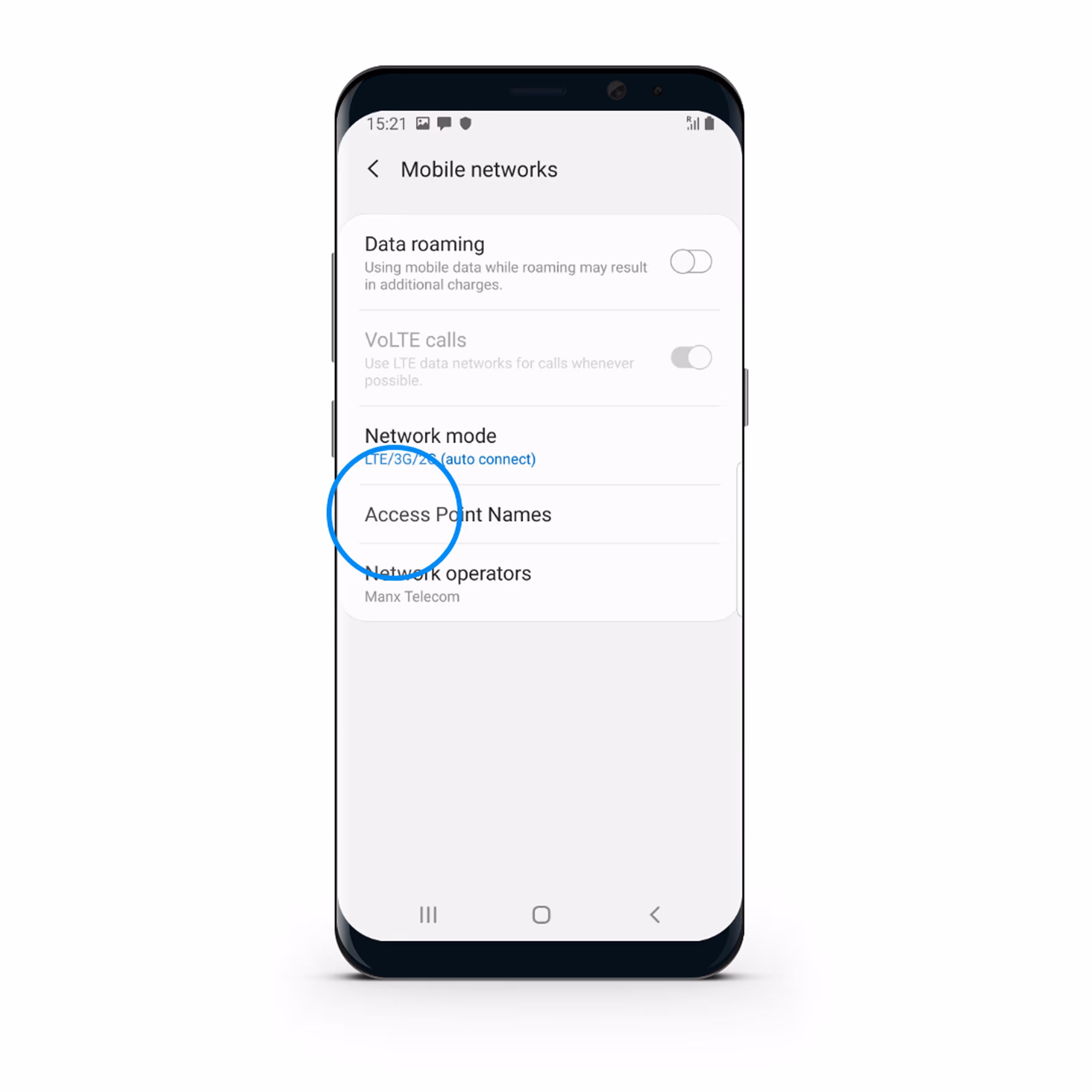 Android phone screen showing Mobile networks settings with Data roaming off and Access Point Names option circled in blue.
