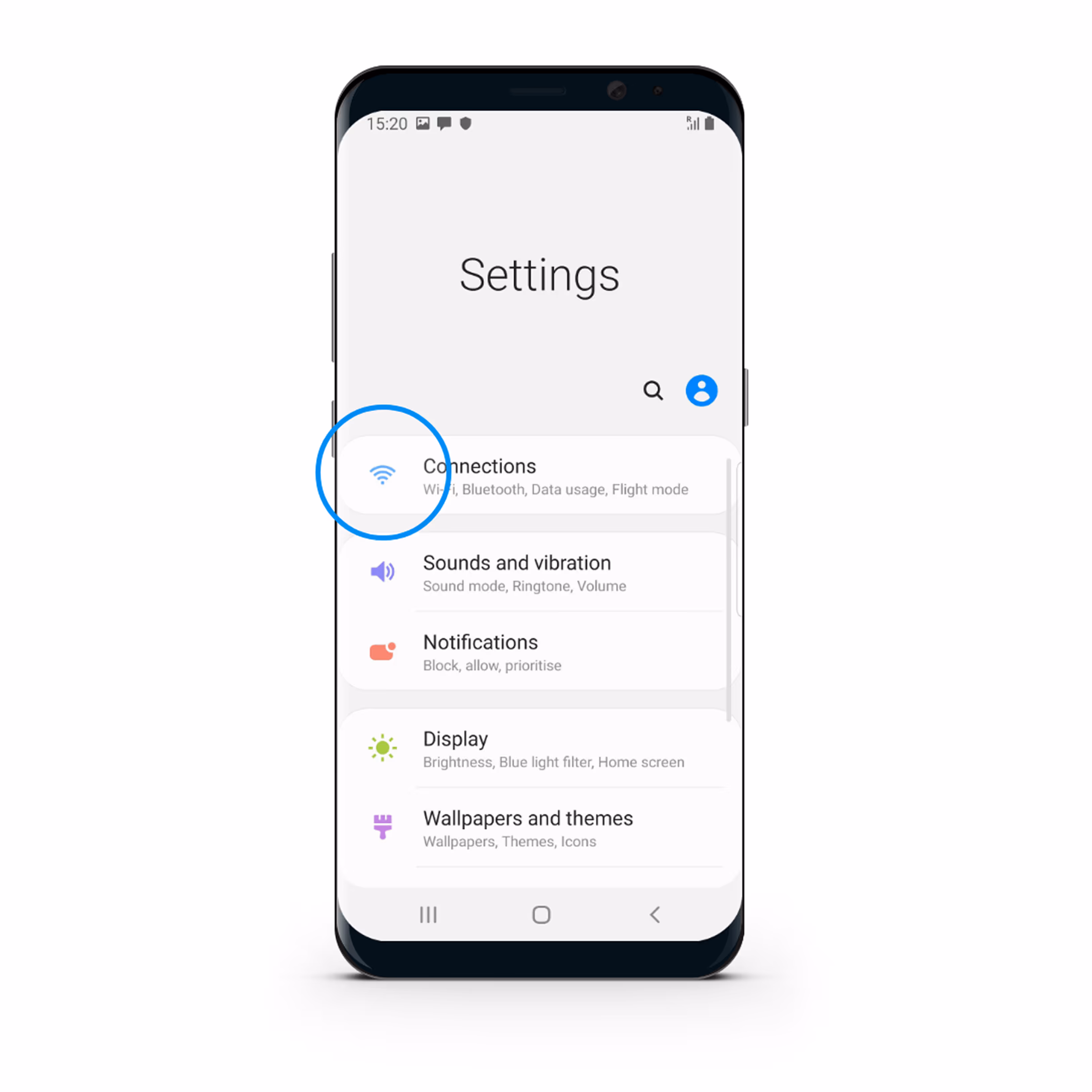 Android smartphone displaying the Settings menu with options for Connections, Sounds and vibration, Notifications, Display, and Wallpapers and themes.