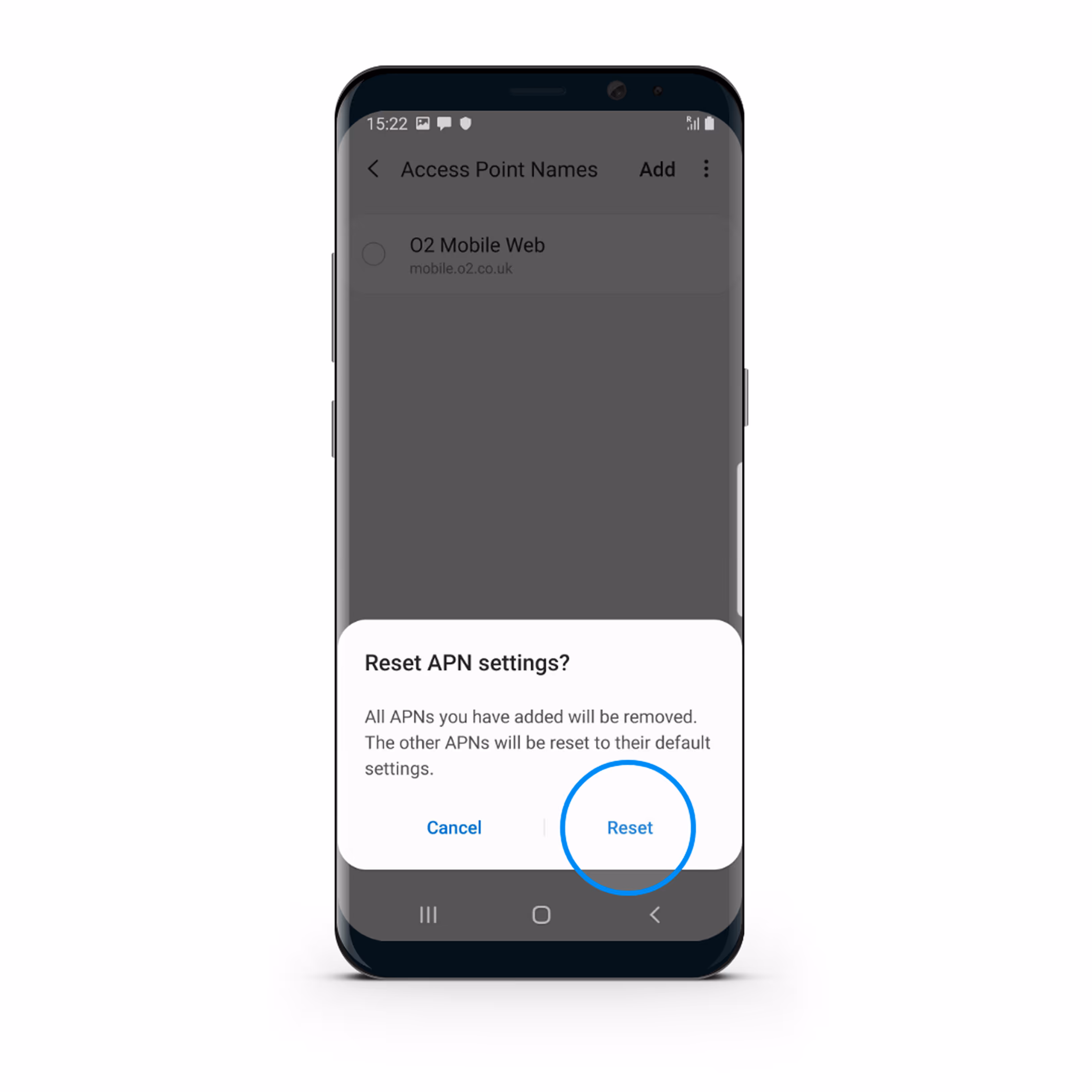 Smartphone screen showing a confirmation prompt to reset APN settings with options Cancel and Reset.