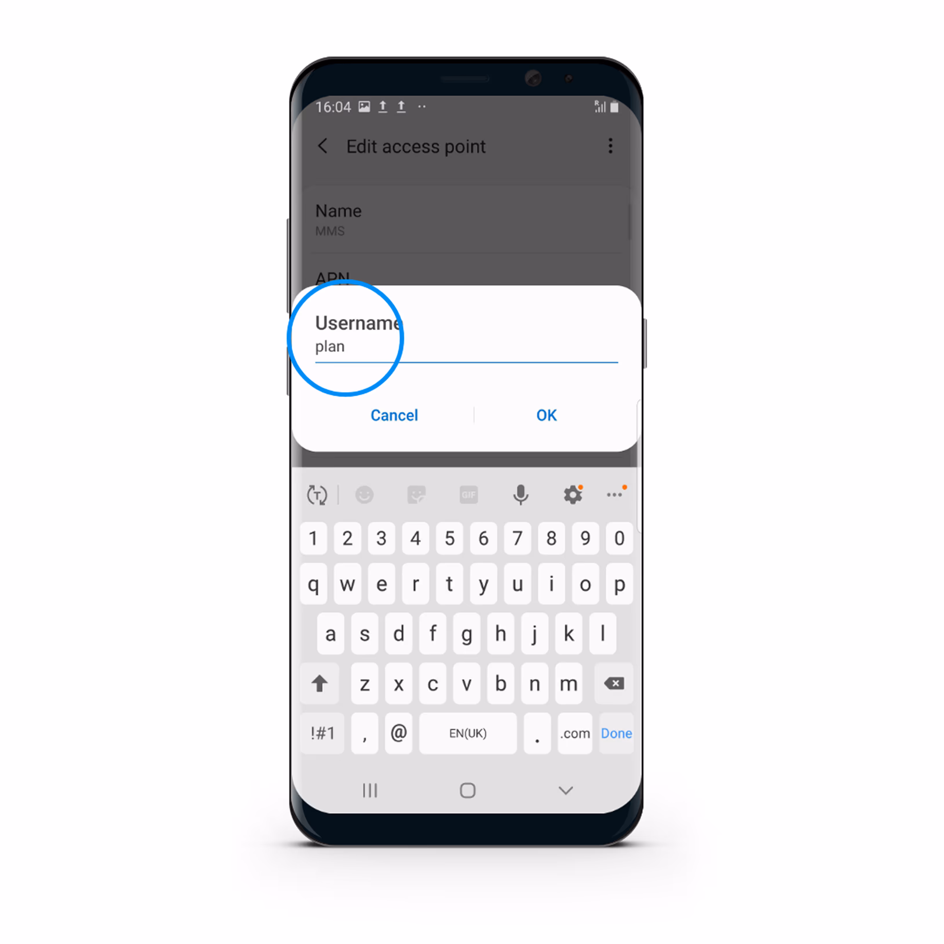 Samsung smartphone screen showing a keyboard and an edit access point dialog with username field filled as 'plan'.