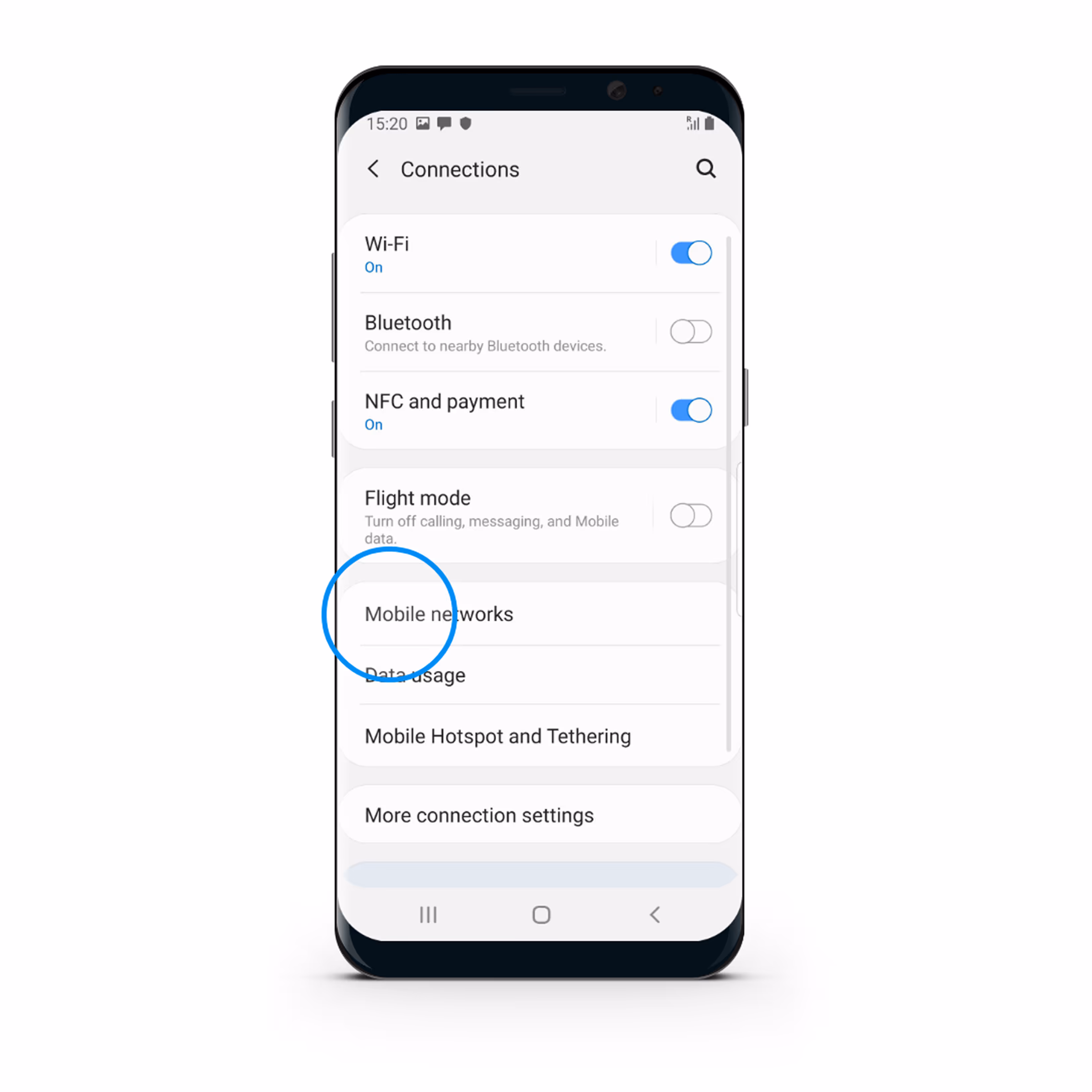Android phone screen showing Connections settings with Wi-Fi and NFC enabled, Bluetooth and Flight mode off, and a blue circle highlighting Mobile networks option.