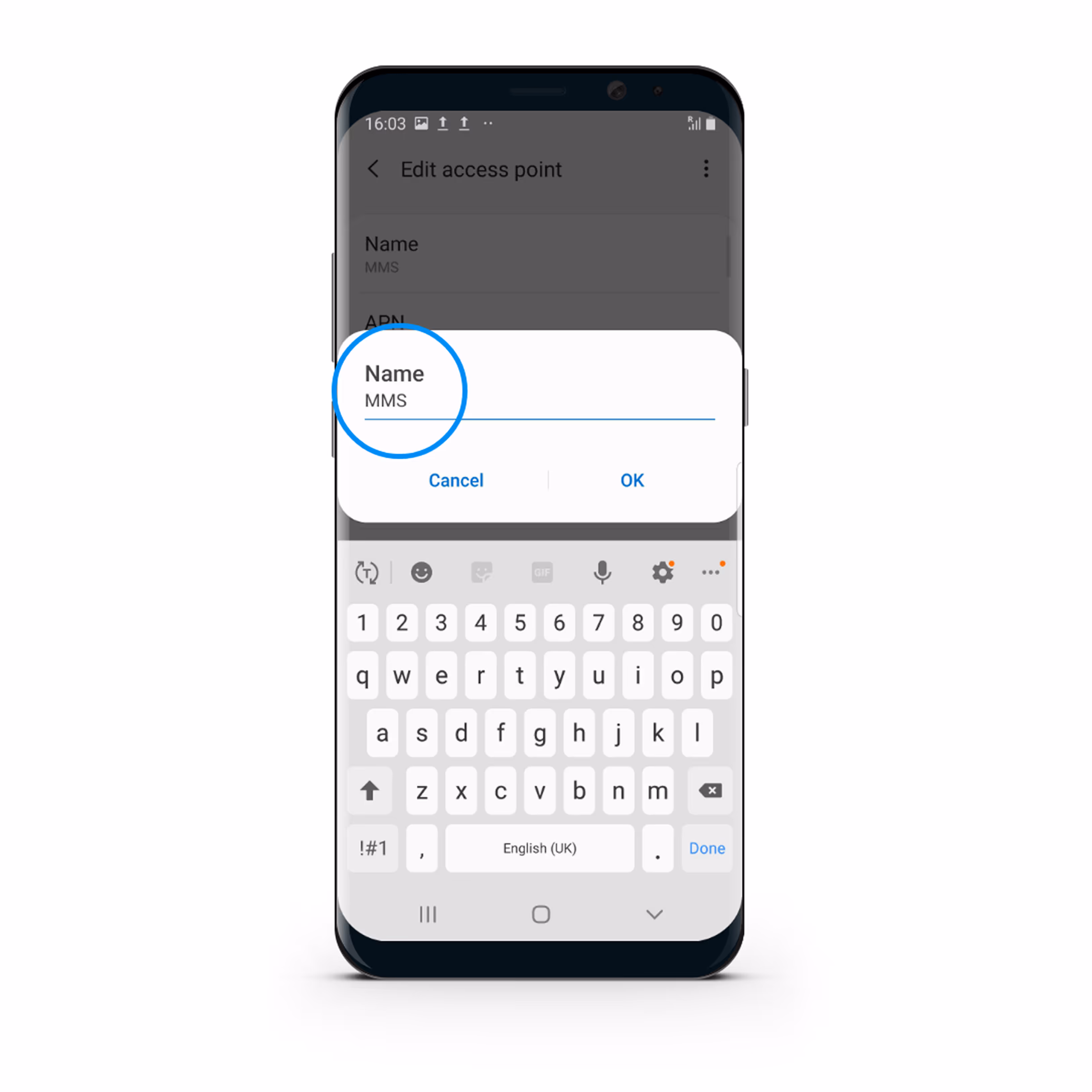 Mobile phone screen showing 'Edit access point' dialogue with the name field set to MMS and a keyboard displayed below.