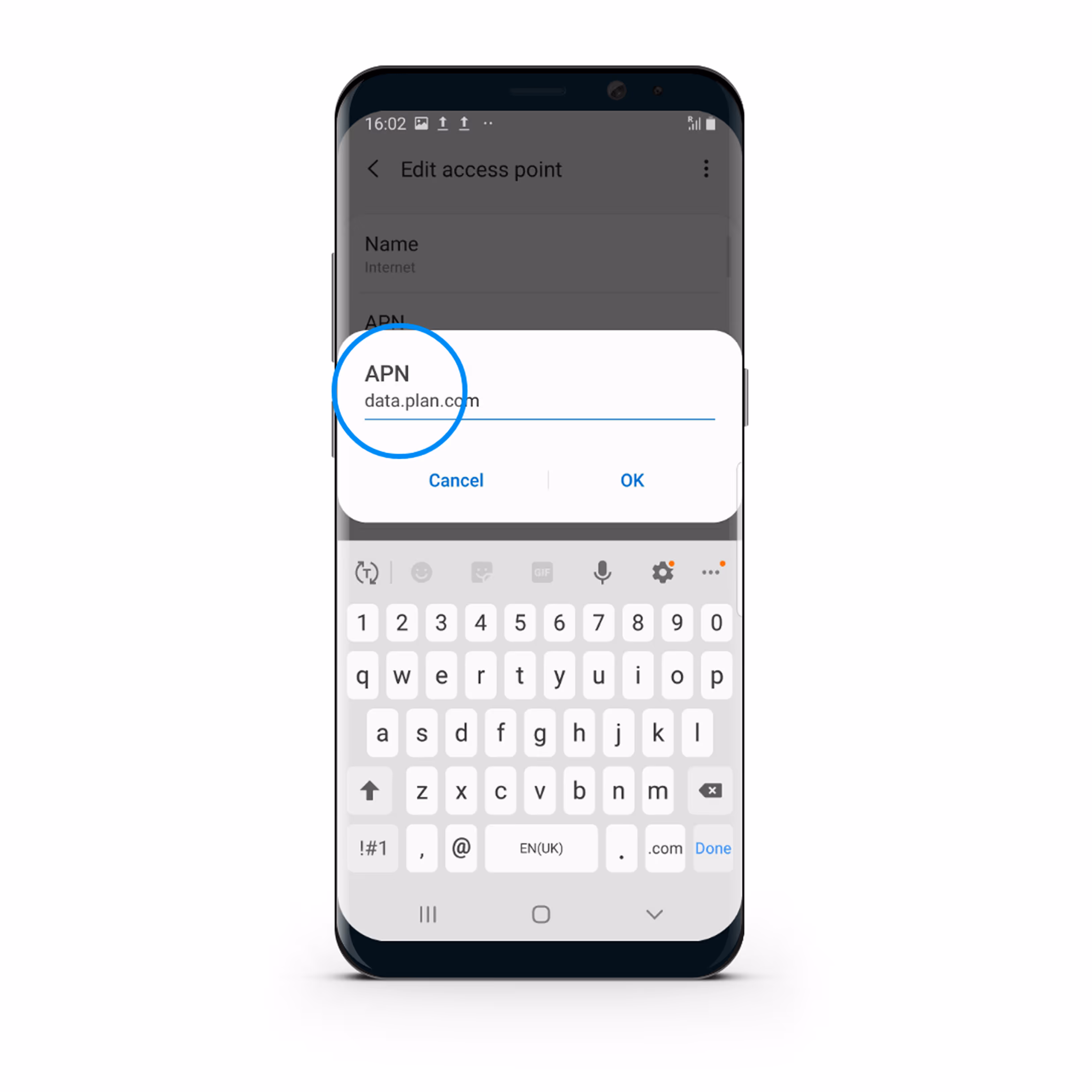 Samsung smartphone screen showing 'Edit access point' with APN field set to data.plan.com and a keyboard below.