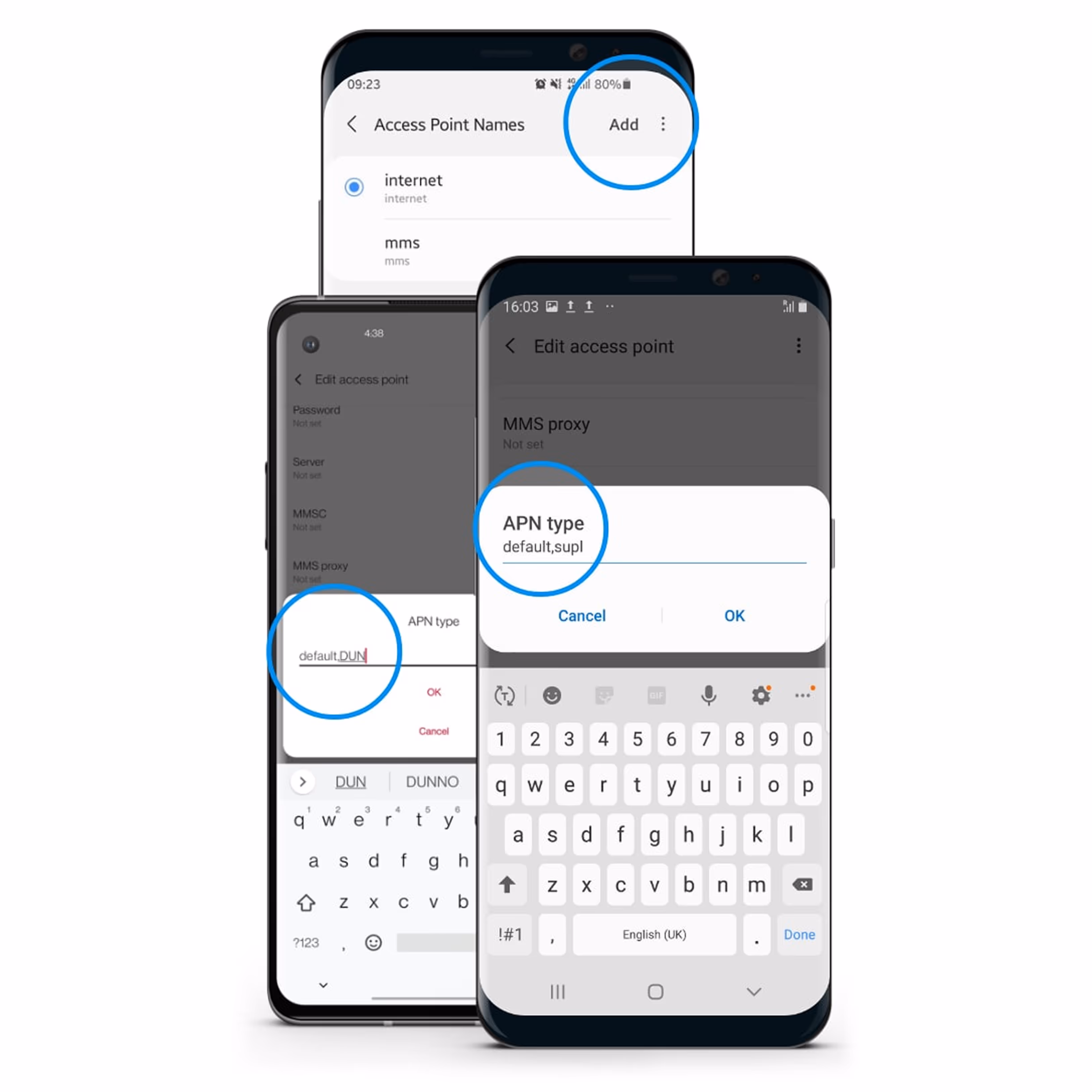 Three smartphones showing the editing of APN type settings in mobile network access points with 'default,supl' highlighted.