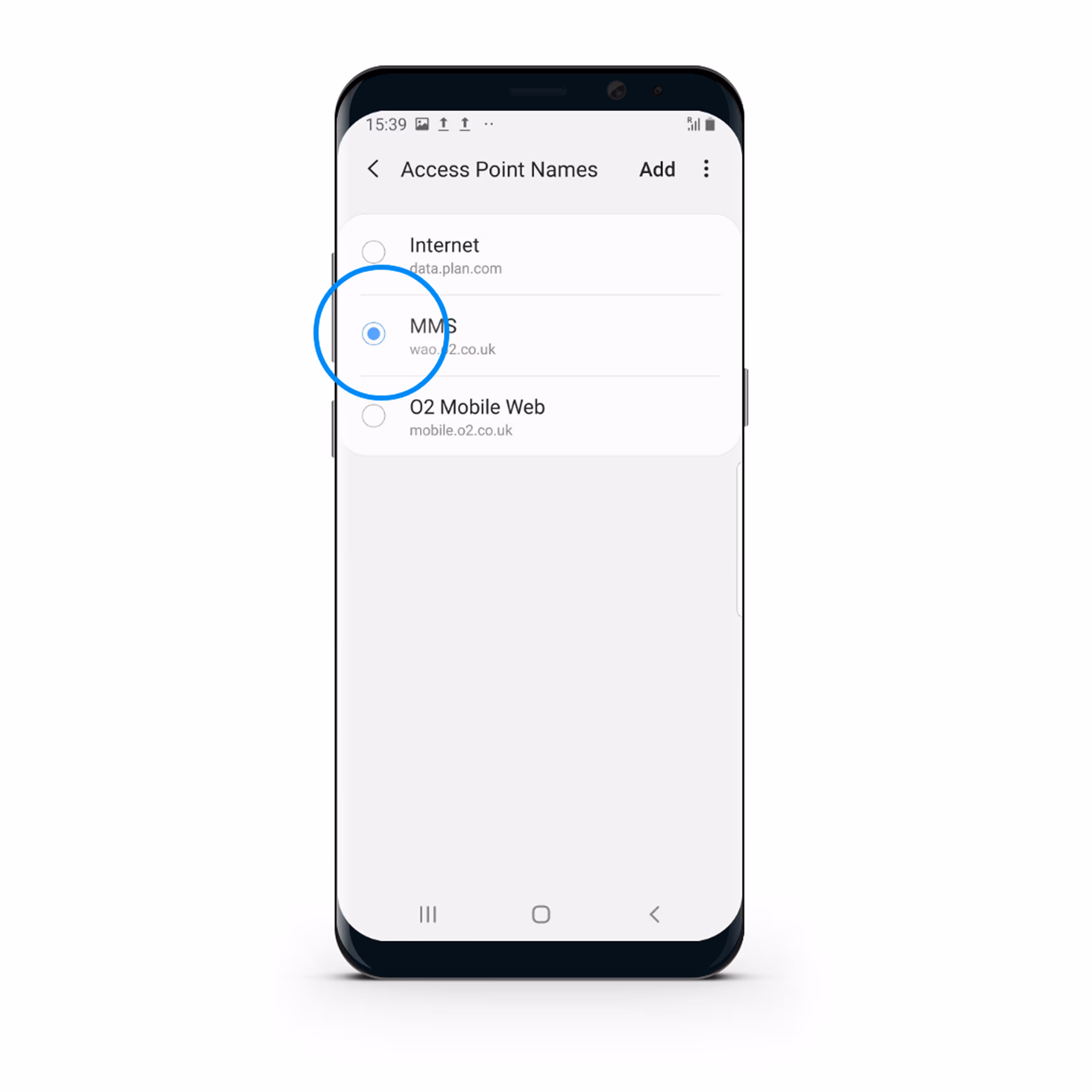 Android phone screen showing Access Point Names with MMS option selected.
