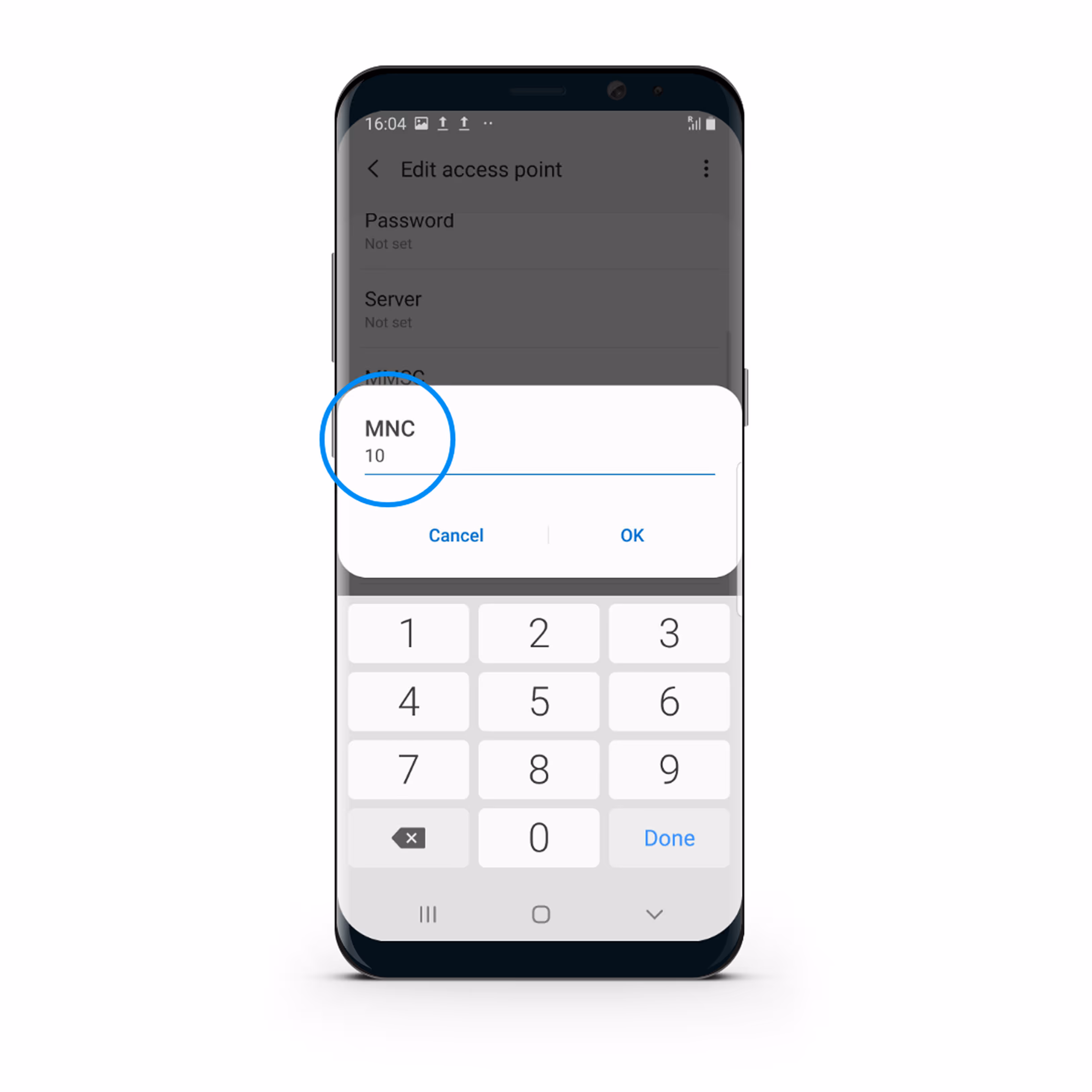 Android smartphone screen showing 'Edit access point' settings with a popup to enter MNC value of 10 and an on-screen numeric keyboard.