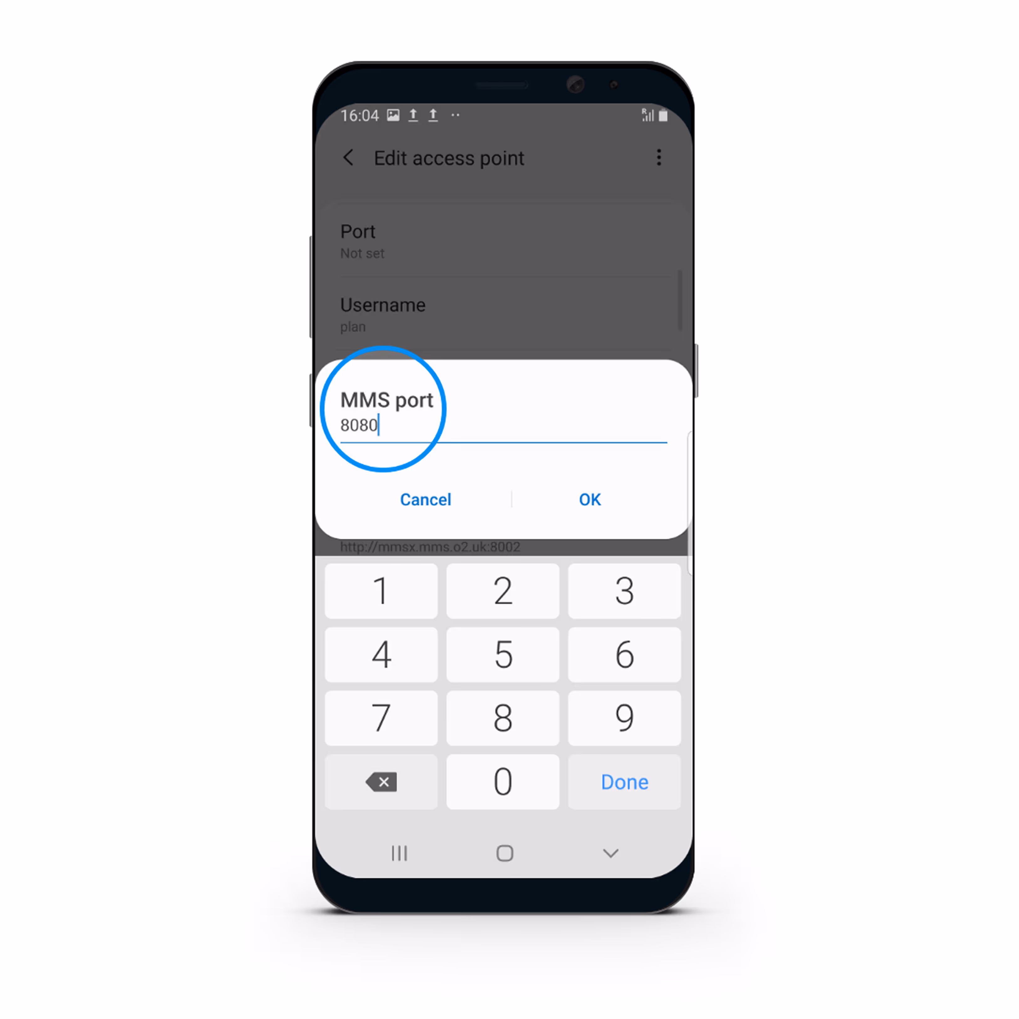 Android phone screen displaying an Edit access point dialog focused on setting MMS port to 8080 with numeric keyboard.