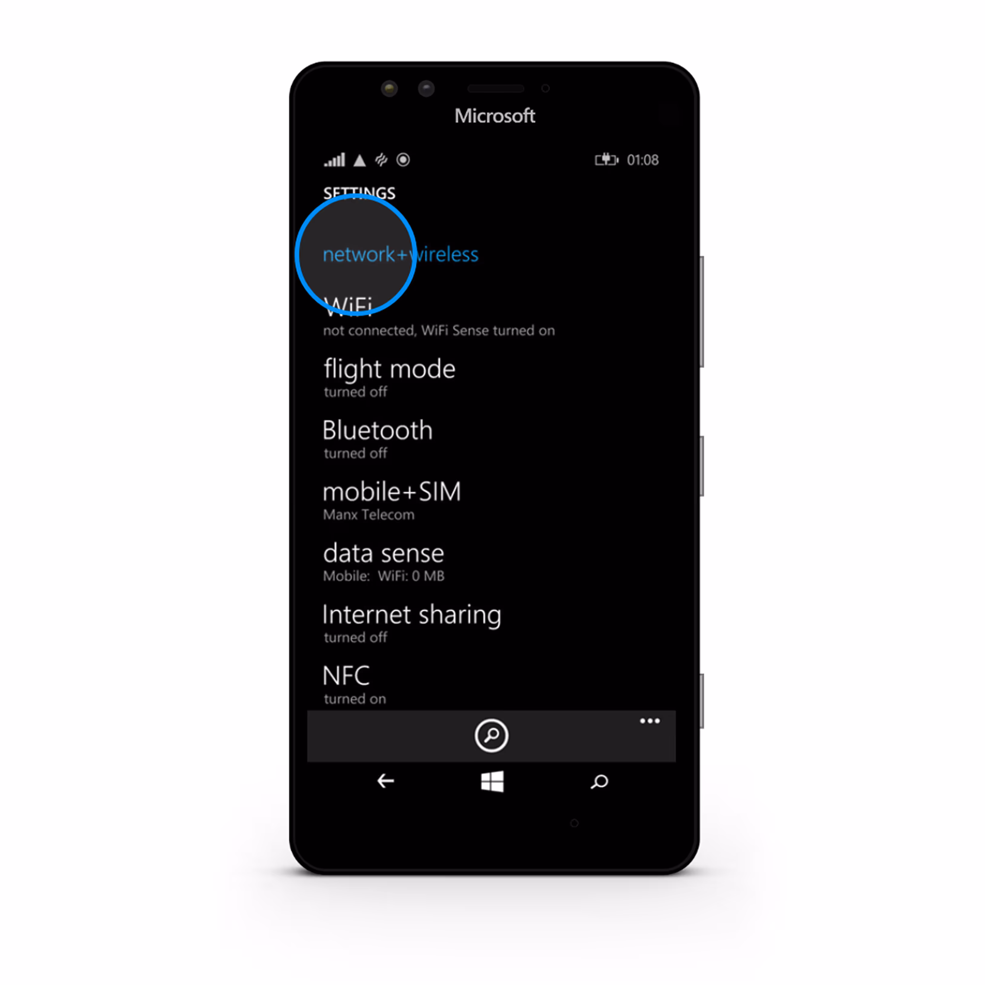 Microsoft smartphone screen showing network+wireless settings including WiFi, flight mode, Bluetooth, mobile+SIM, data sense, Internet sharing, and NFC options.