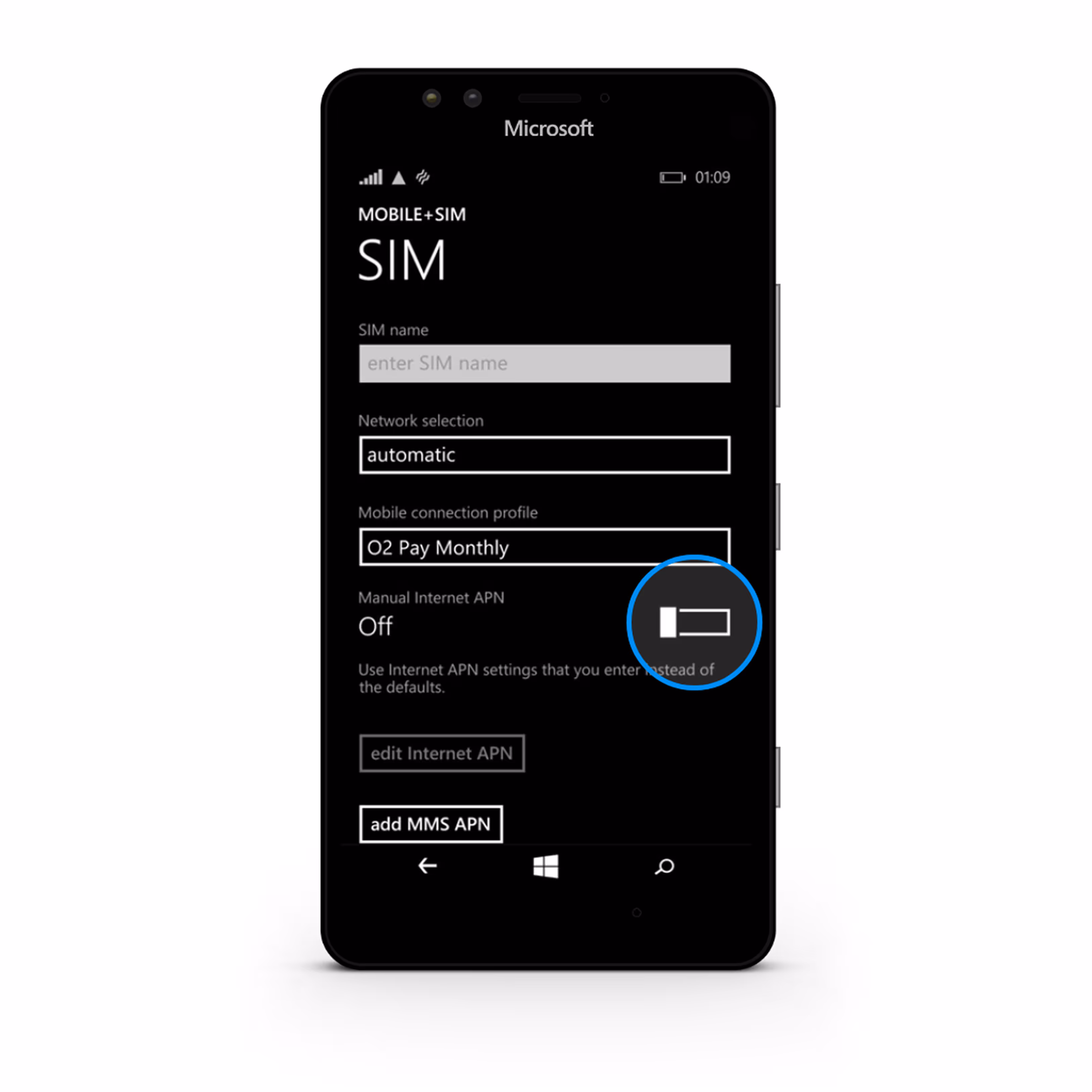 Microsoft smartphone screen showing SIM settings with network selection set to automatic and mobile connection profile to O2 Pay Monthly, manual Internet APN turned off.