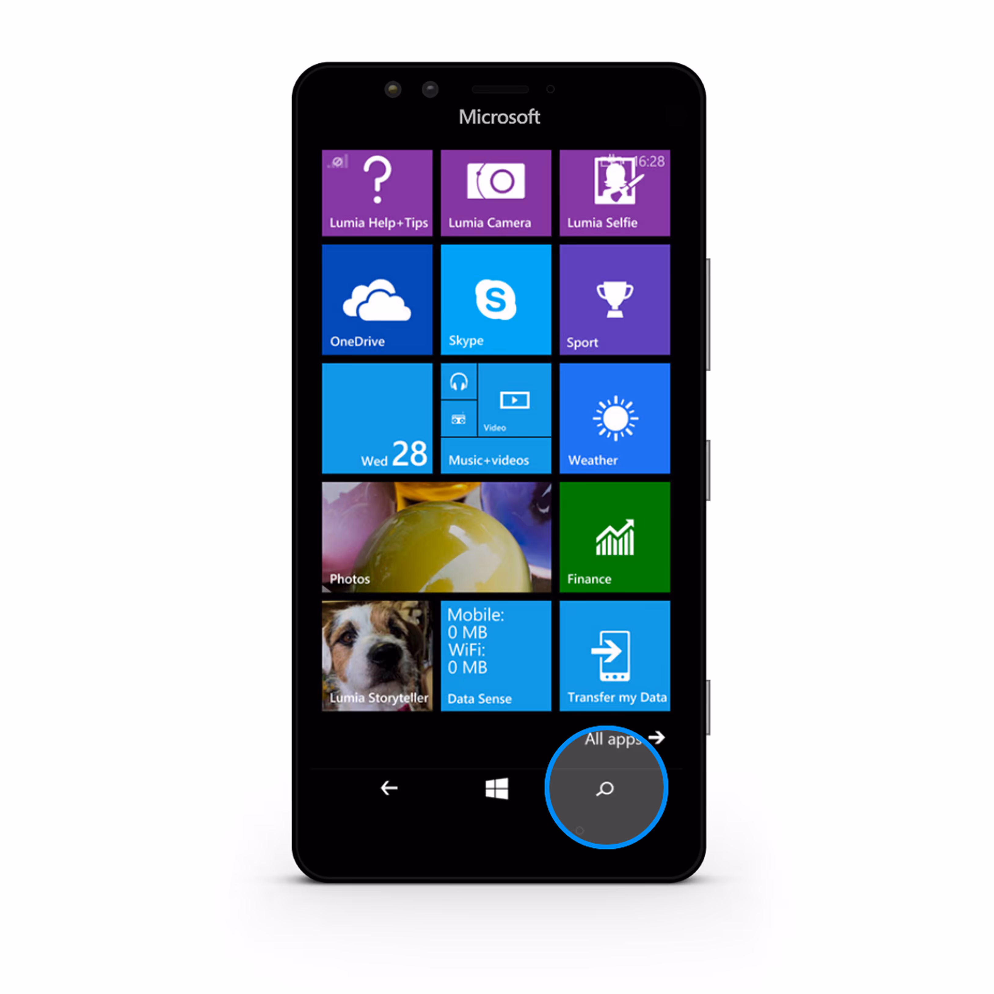 Microsoft Lumia smartphone displaying a Windows Phone home screen with various app tiles like Lumia Help+Tips, Lumia Camera, Skype, and Weather.