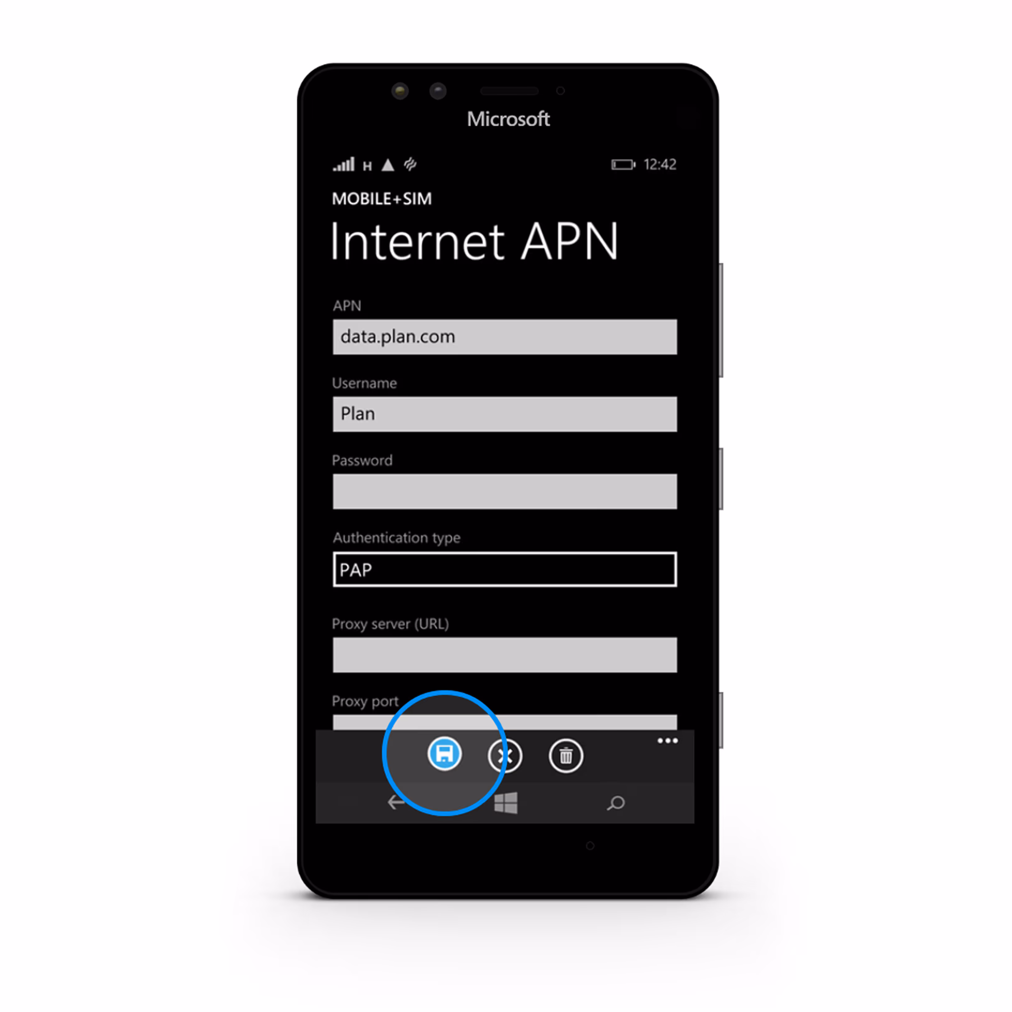Microsoft smartphone screen showing Internet APN settings with fields for APN, Username, Password, Authentication type set to PAP, Proxy server URL, and Proxy port.