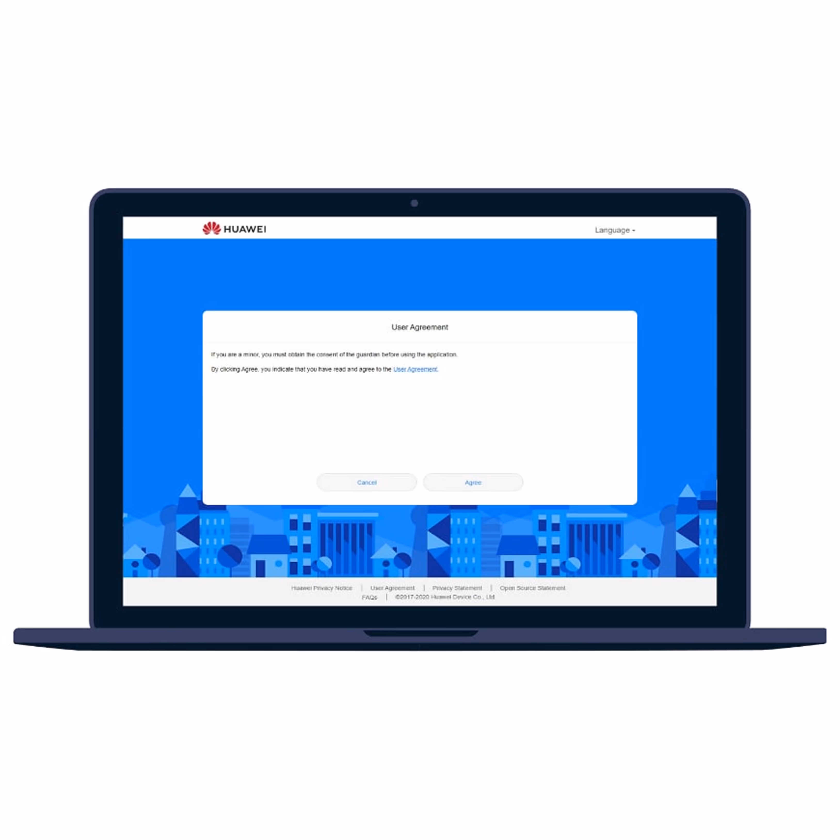 Huawei laptop screen displaying a user agreement prompt with options to cancel or agree.