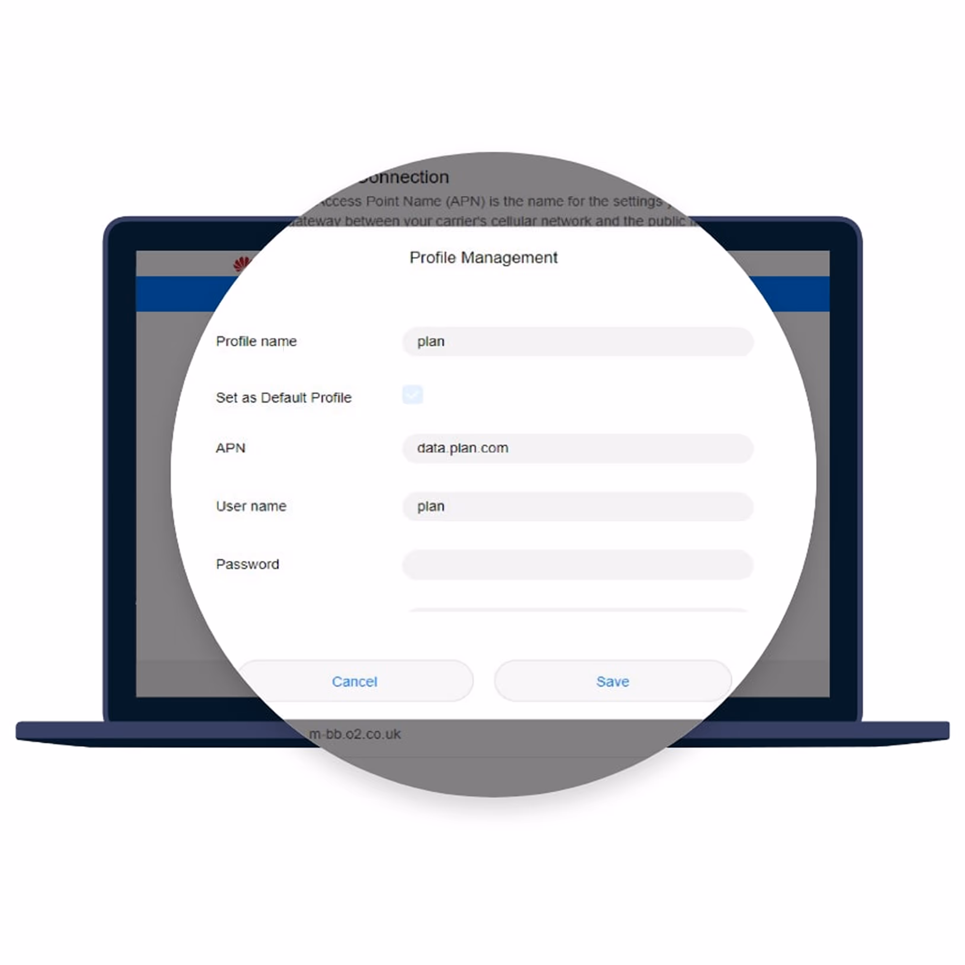 Laptop screen showing Profile Management settings with fields for Profile name, APN, User name, and Password, and options to Cancel or Save.