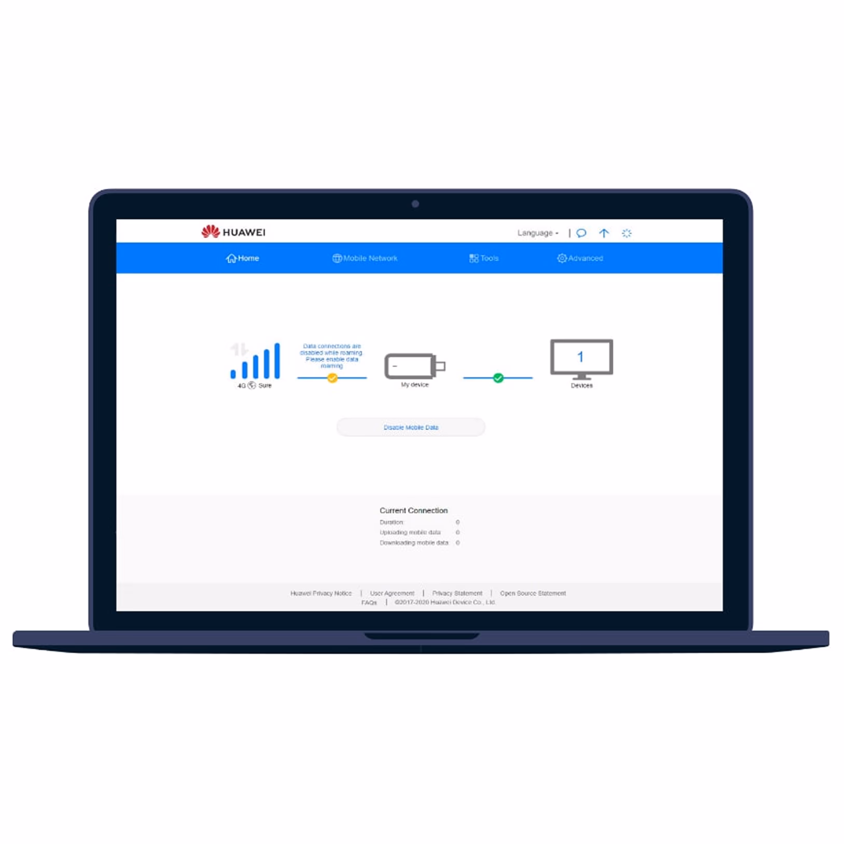 Huawei device connection status screen on a laptop showing 4G signal strength, battery level, and one connected device.