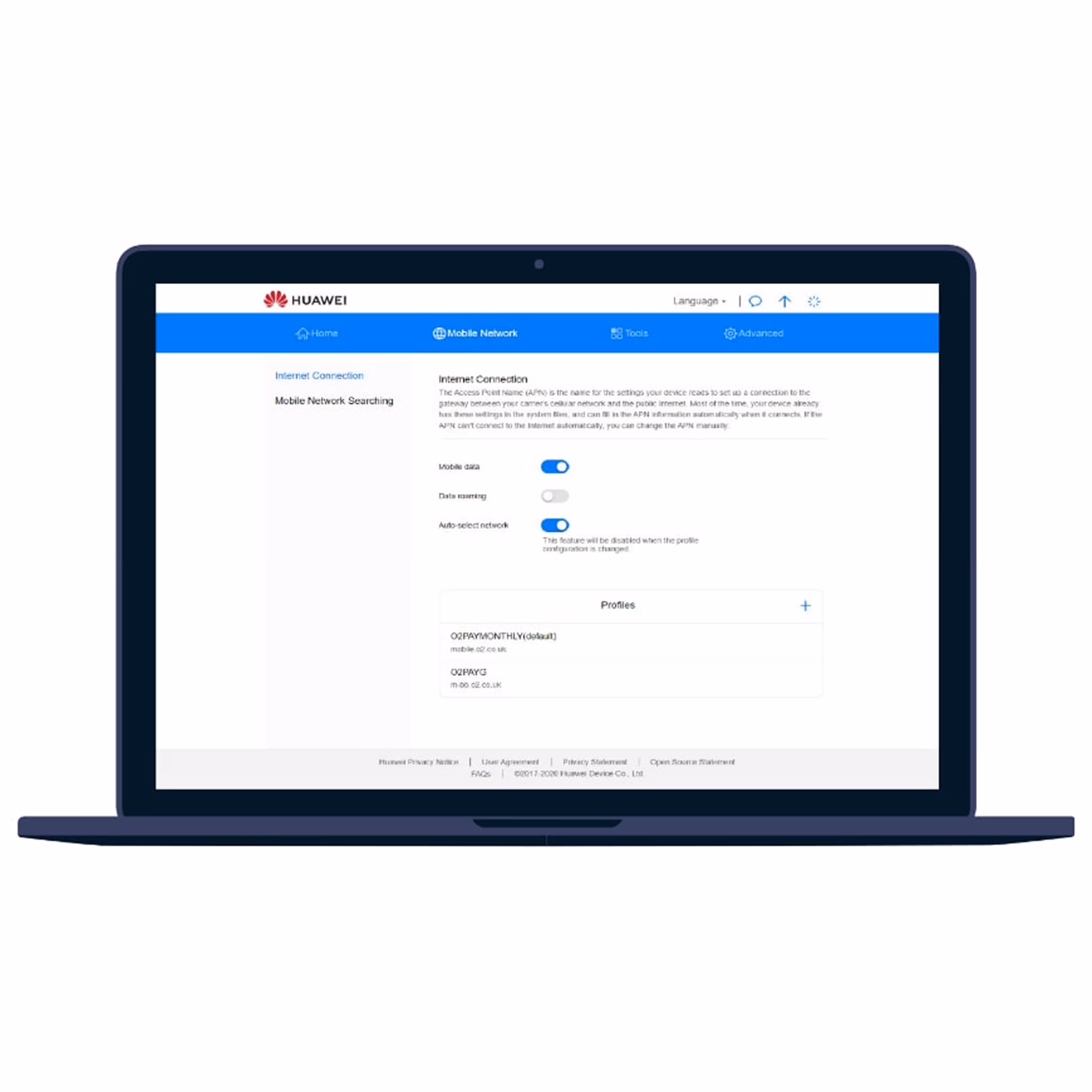 Laptop screen showing Huawei mobile network settings with Internet Connection options and profiles.