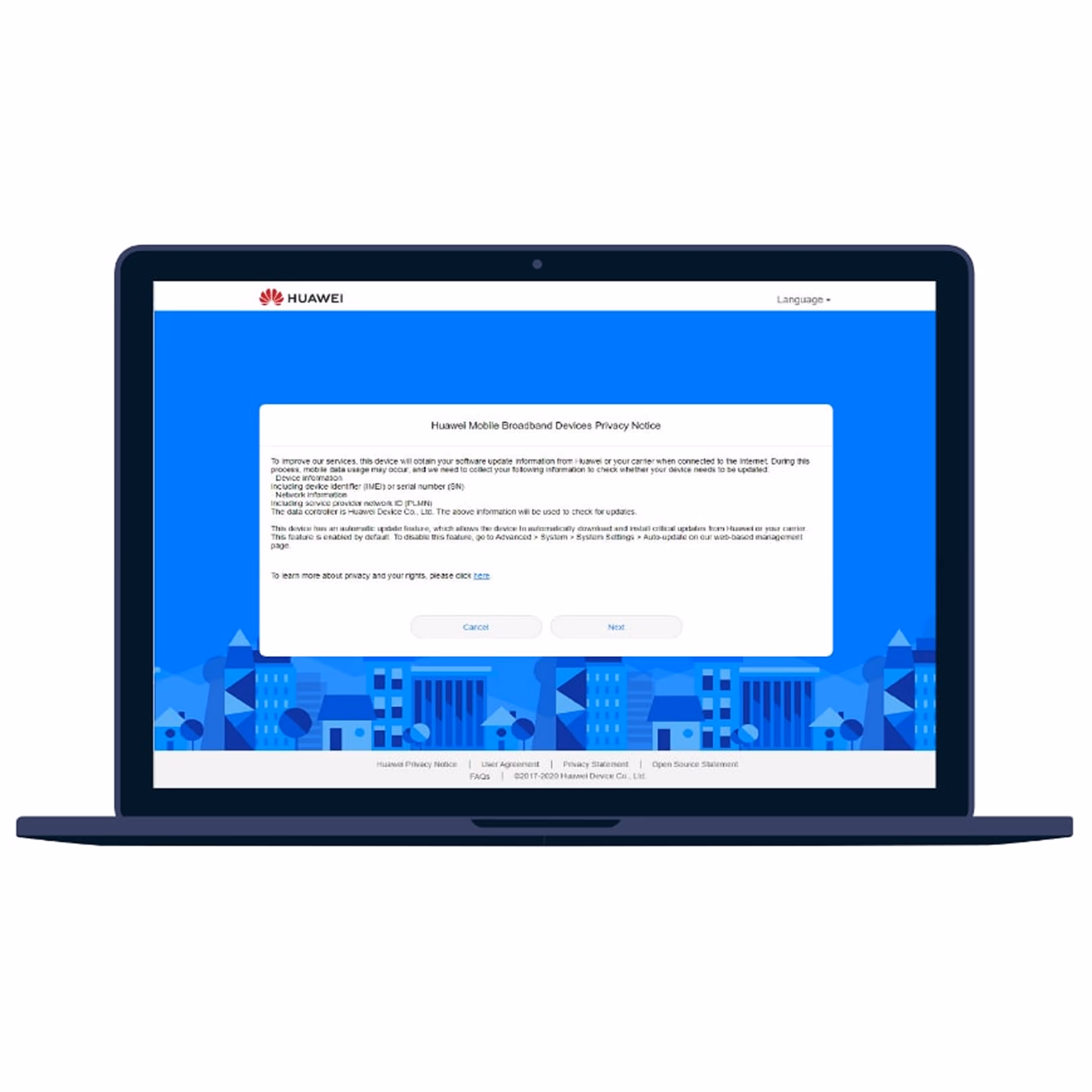 Laptop displaying a Huawei Mobile Broadband Devices Privacy Notice on a blue background with cityscape illustration.