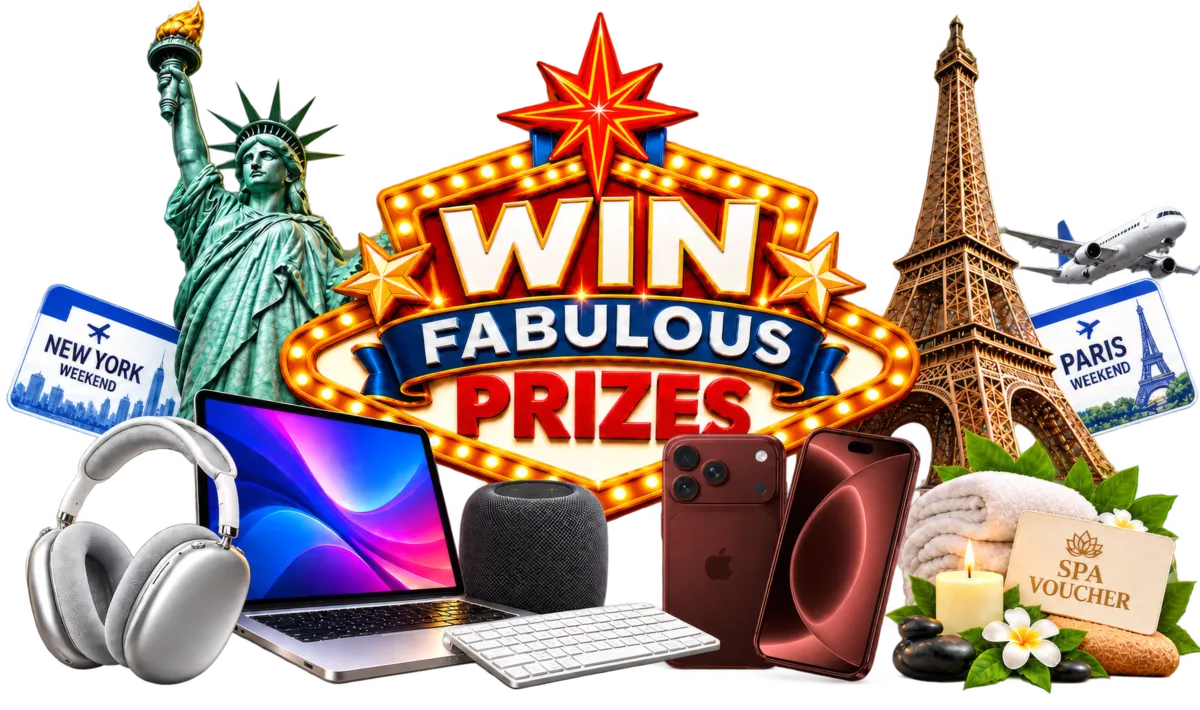 Tombola prizes including trips to New York and Paris, tech and a spa voucher