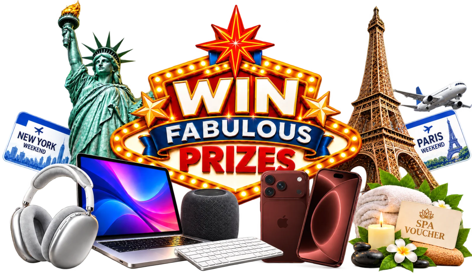 The five tombola prizes: a New York weekend, a Paris weekend, a tech bundle, an iPhone 18 Pro and a spa voucher