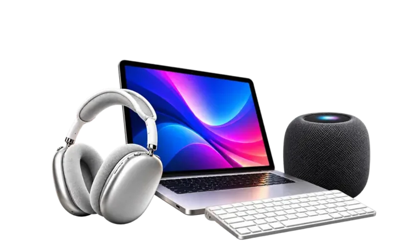 Tech bundle: a laptop, headphones, a smart speaker and a keyboard
