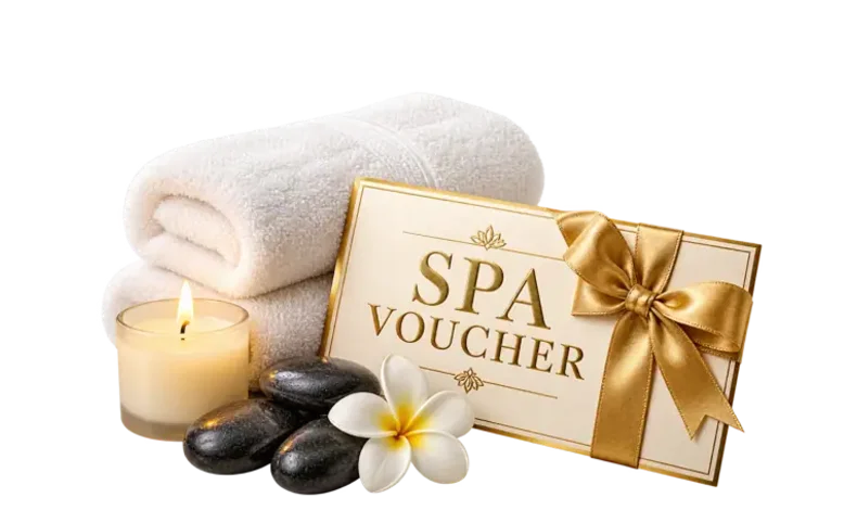 Spa voucher with towels, a candle and massage stones